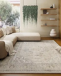 Washable Area Rugs for Living Room: 5x7 Area Rugs for Bedroom Stain Resistant Distressed Vintage Accent Rug Non Slip Low Pile Faux Wool Soft Boho Rugs for Kitchen Bedside Nursery Office Dining Room