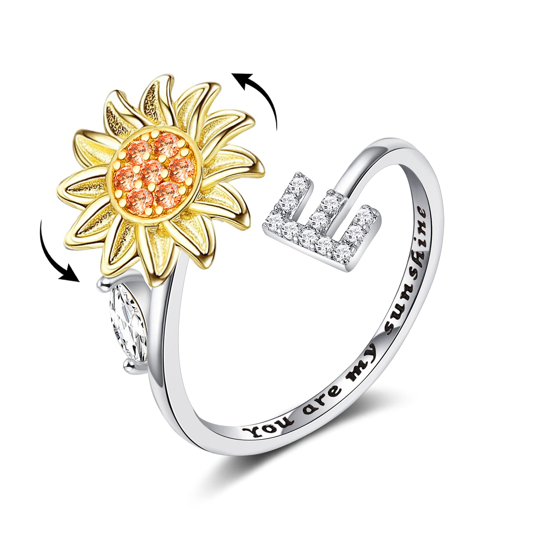 TOBENY 925 Sterling Silver Initial Fidget Rings for Women You Are My Sunshine Sunflower Anti-Anxiety Adjustable Cubic Zirconia Anxiety Spinner Ring