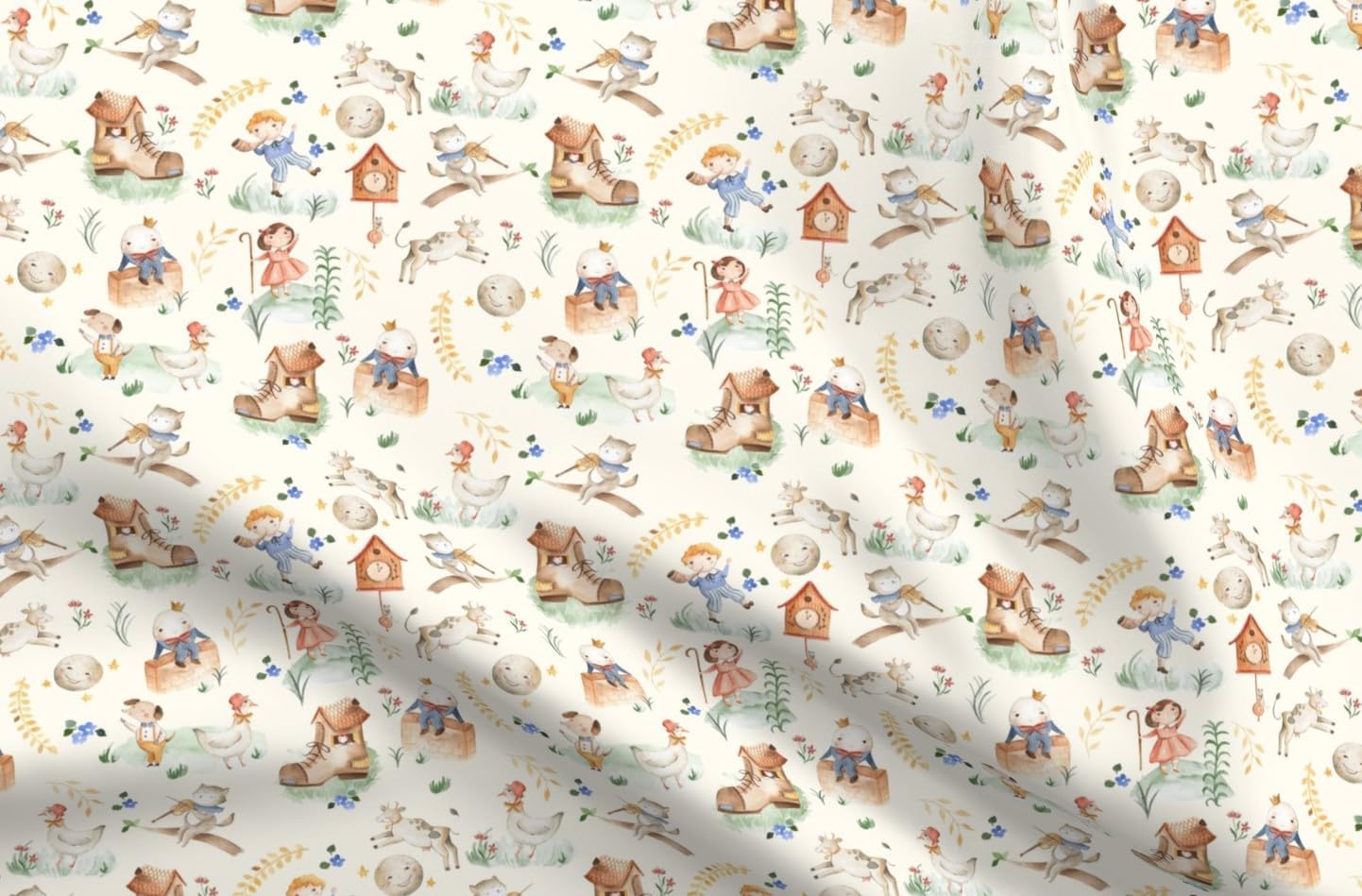 Spoonflower Fabric - Mother Goose Animals Baby Kids Brown Green Cream Blue Moon Cow Printed on Chiffon Fabric Fat Quarter - Upholstery Home Decor Bottomweight Apparel