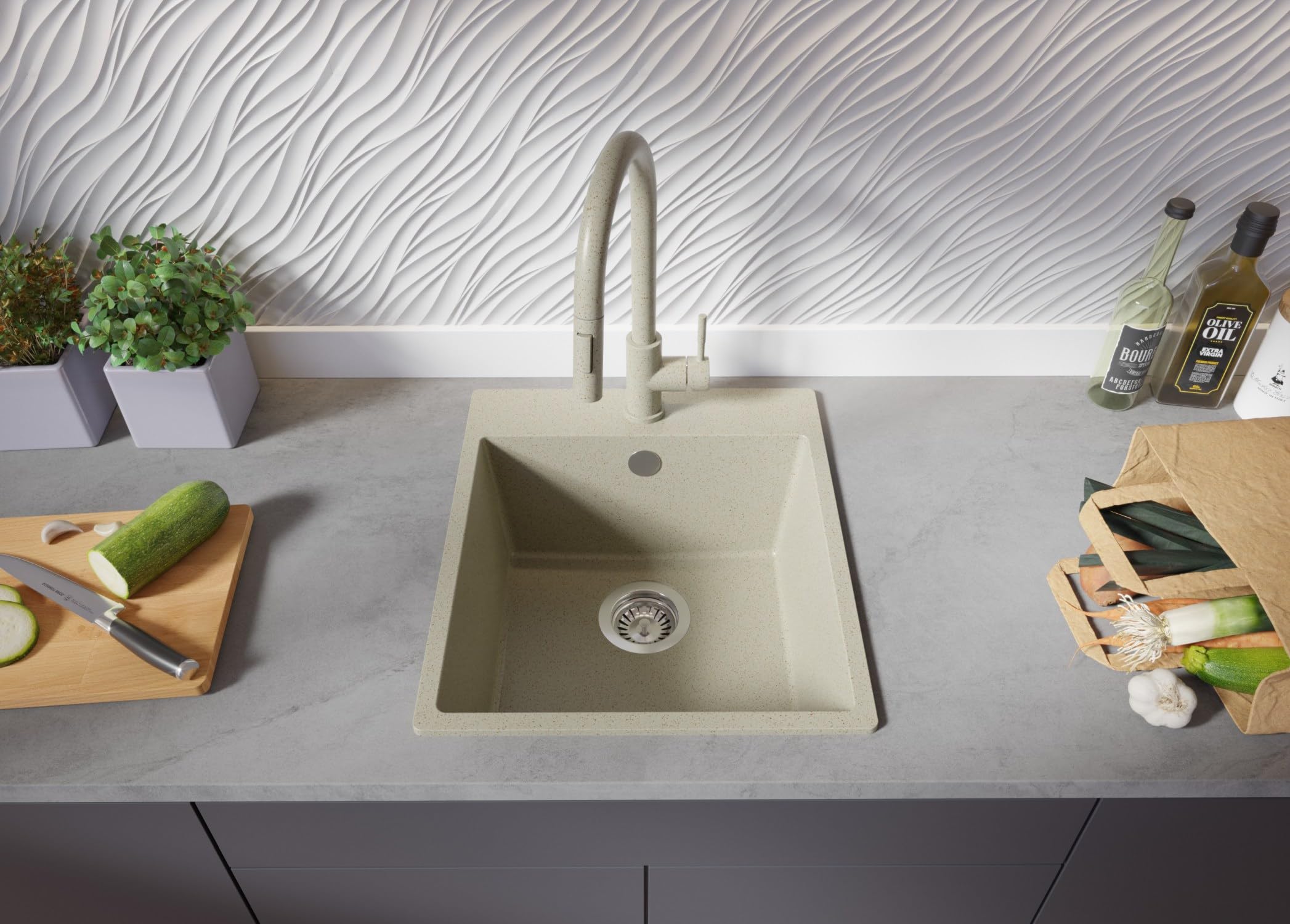 PRIMAGRAN Fregadero Granito Todo Beige - Riga, 43x50cm | Cocina 1 Seno + Grifo 40x20cm + Set de accesorios, sobre Encimera al Mueble 45cm (S150)