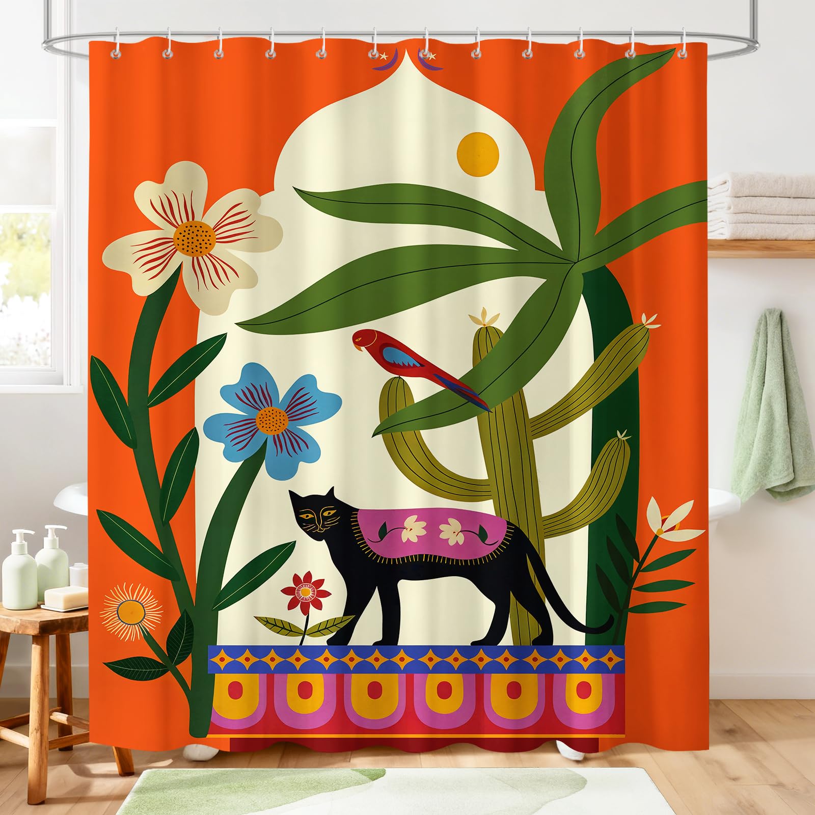 Hopomoon Orange Boho Shower Curtain,Mid-Century Modern Botanical Floral Black Cat and Bird Waterproof Polyester Bath Curtain with 12 Hooks, Whimsical Animal Plant Art Bathroom Decor,180x180 cm