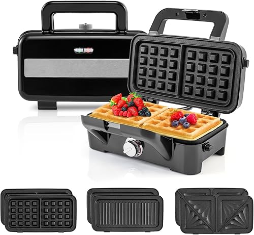 Sandwichera 3 en 1, waflera de 1082 W con platos extraíbles, prensa para sándwich con control de temperatura de 5 engranajes, luces indicadoras,