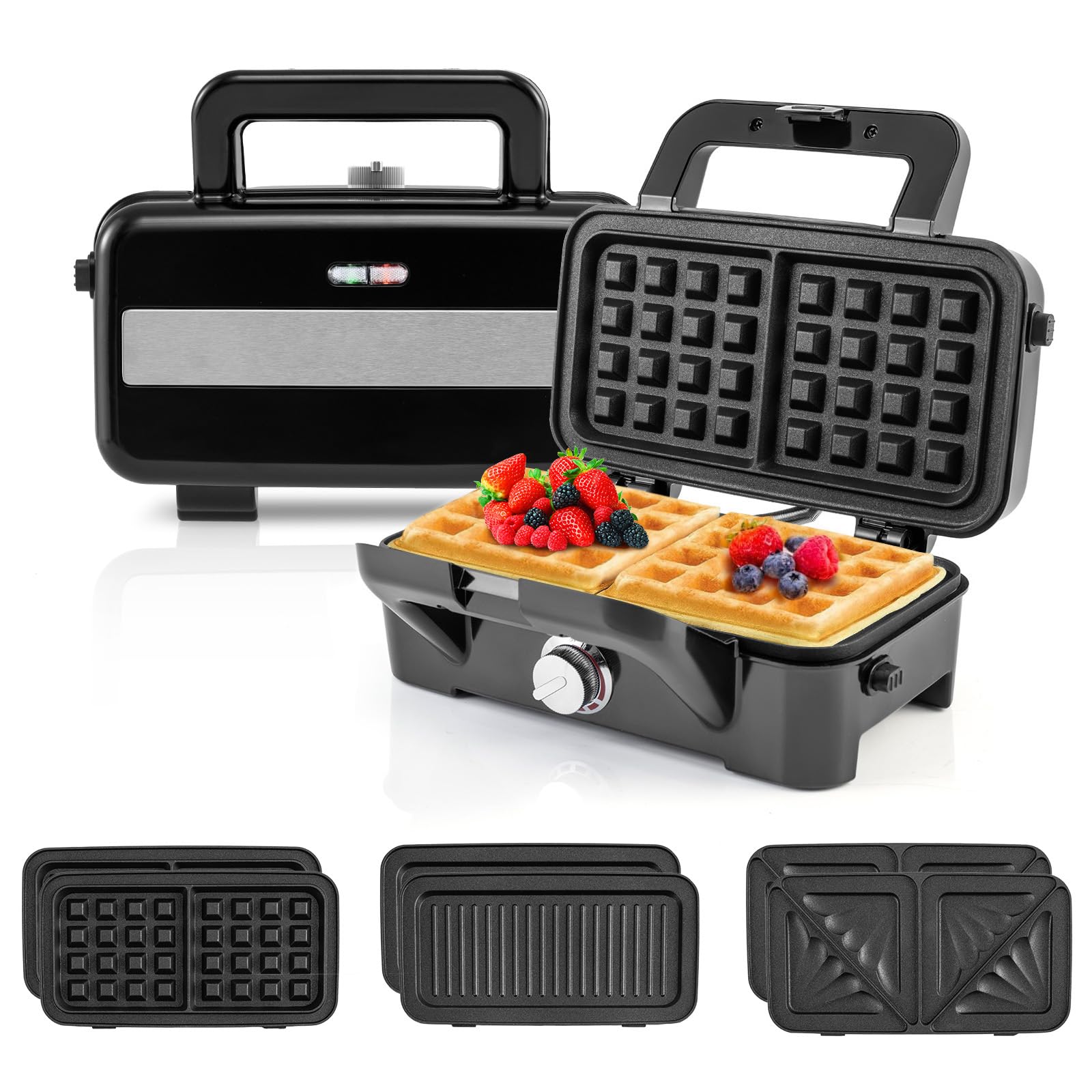 CHEFJOY 3 in 1 Sandwich Maker, 1082W Waffle Maker with Removable Plates, Sandwich Press with 5-Gear Temperature Control, Indicator Lights, Cool Touch