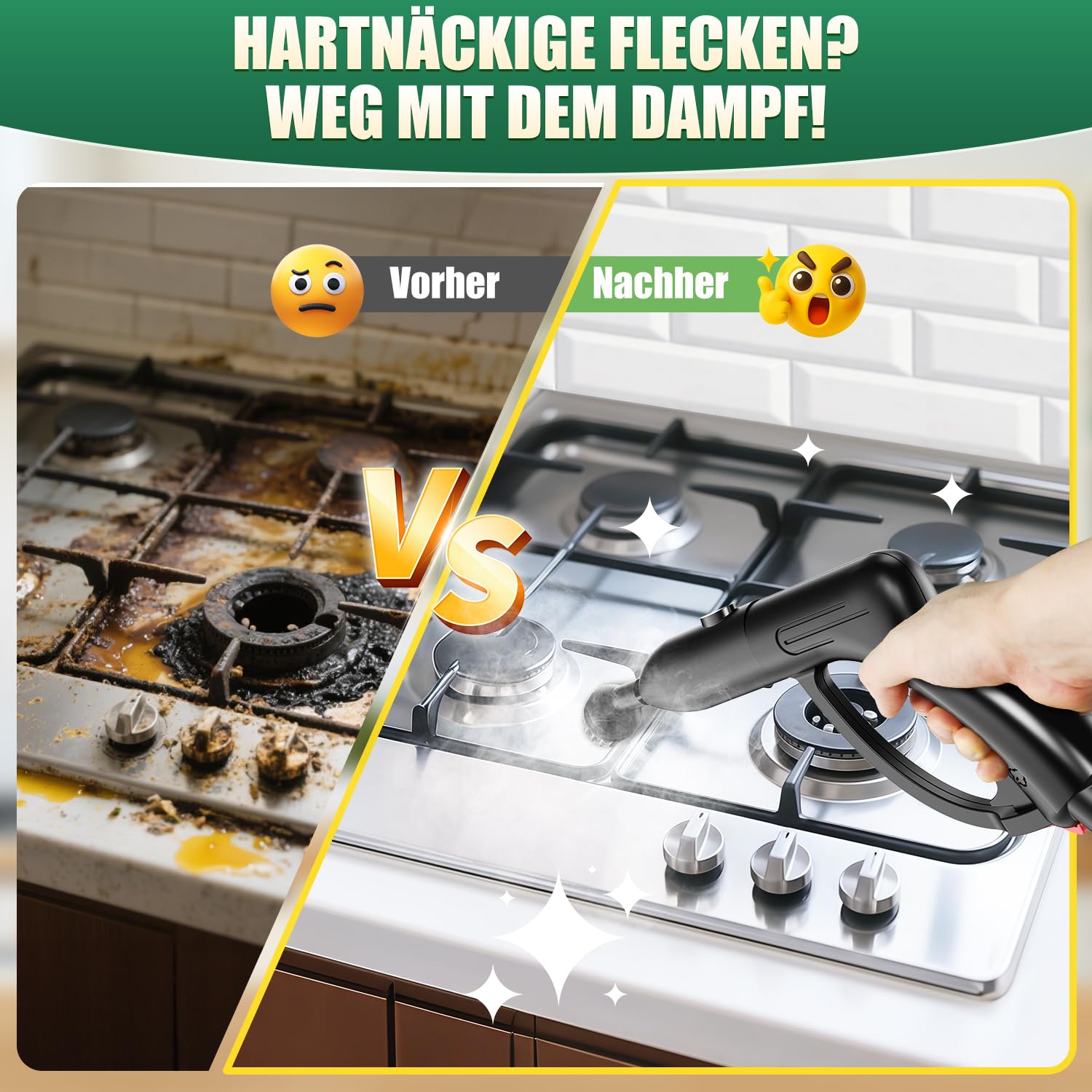 Rolipo Dampfreiniger, Dampfdruck: 4 Bar, Leistung: 2000 W, Tank: Max 2 L, Nutzungsdauer: 40 Minuten, mit Bodenreinigungsset, Düsen und Rundbürste von Böden, Sofas, Polstermöbel und Autos