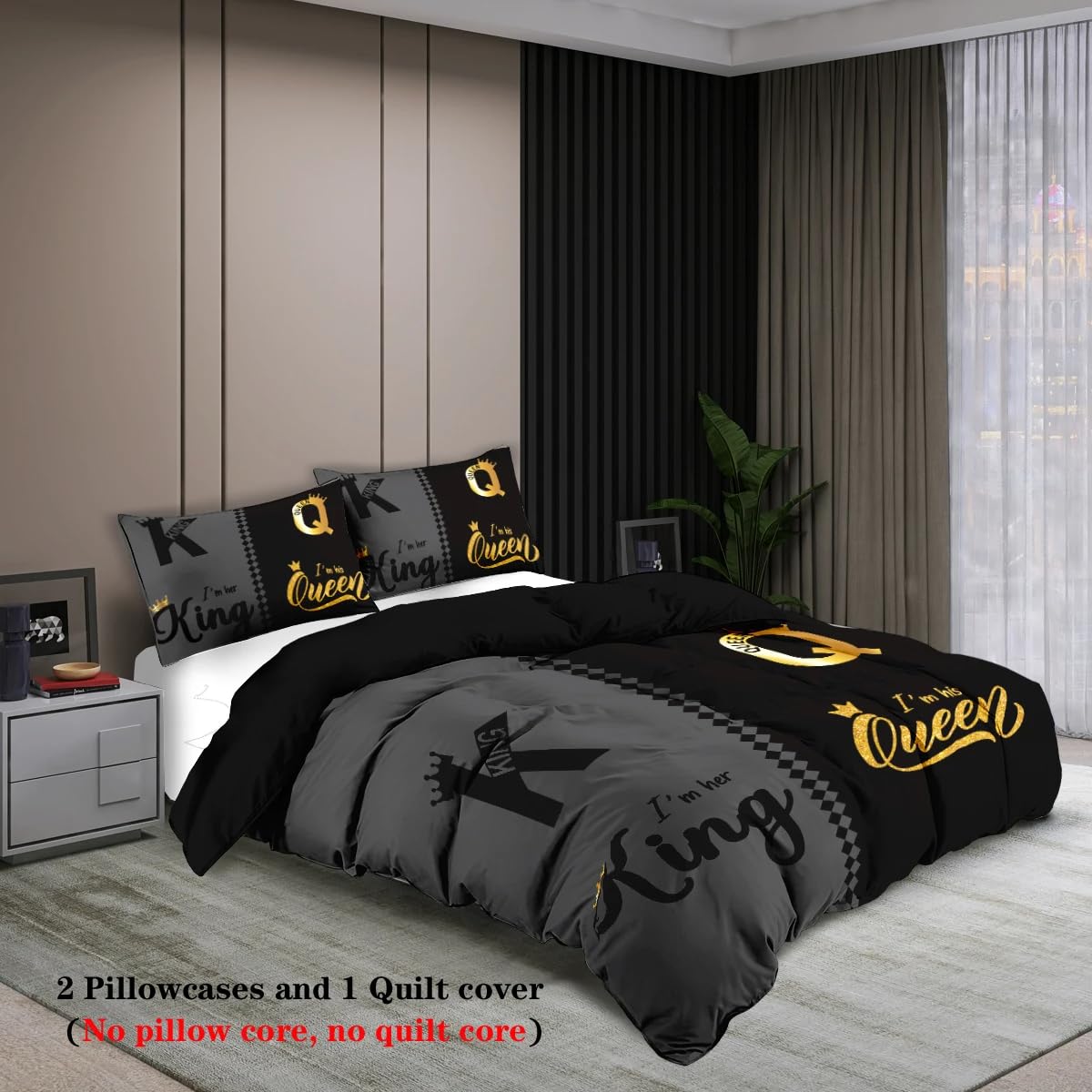 Bettbezug-Set für Queen und King-Size-Betten, Luxuriöses Pärchen-Bettwäsche 135x200 In Schwarz und Grau mit Goldenem Kronendruck und Reißverschluss, Romantischer Bettbezug Zum Valentinstag für