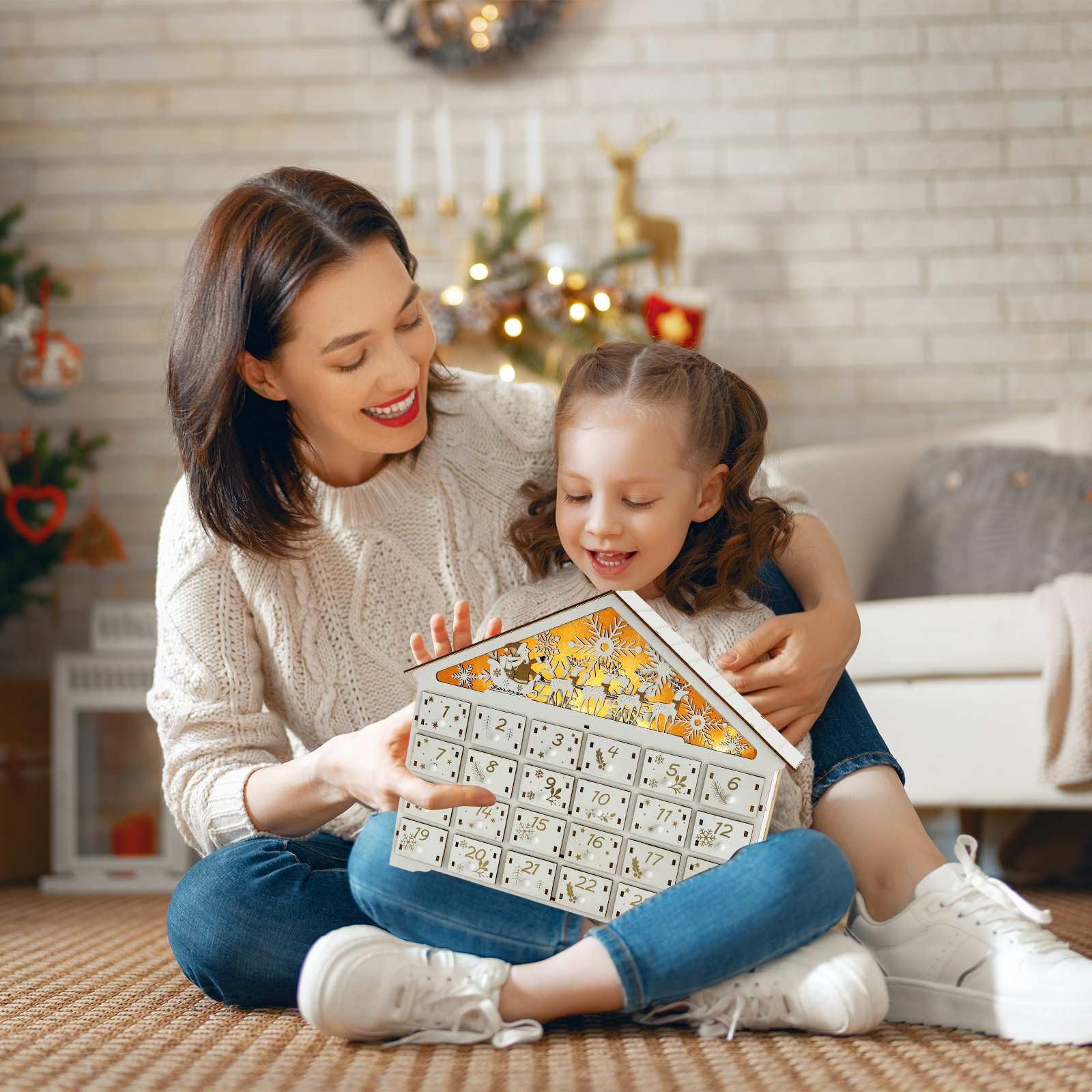 Calendario Ee dell'Avvento in legno con luci a LED,Casa con 24 cassetti di stoccaggio, calendario dell'Avvento da riempire da soli per bambini, decorazione natalizia (cervo bianco)