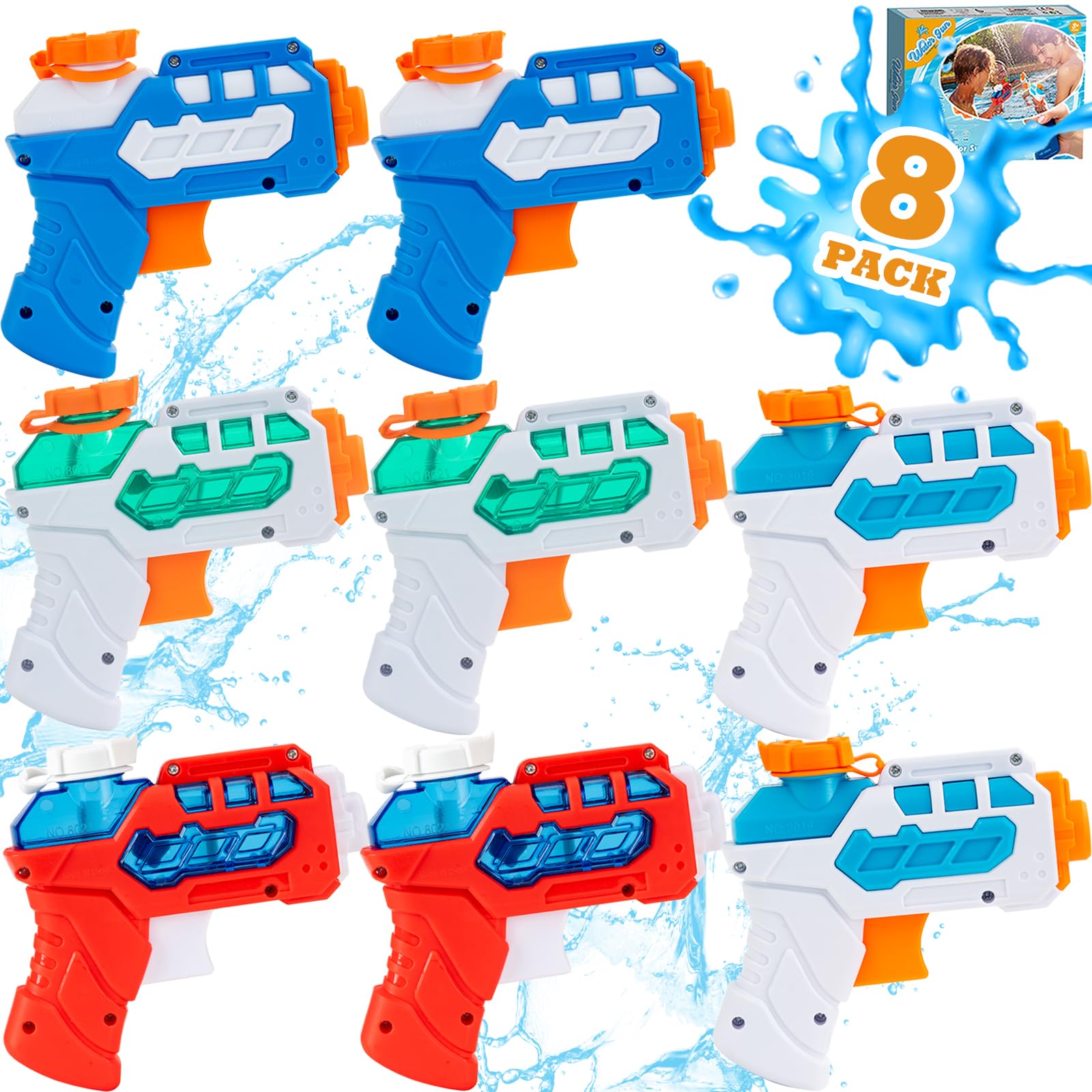 Wasserpistolen für Kinder, 8 Stück | Kleine Wasserpistolen für den Pool, Trainingsspielzeug für Hunde und Katzen (blau/hellblau/rot/grün)