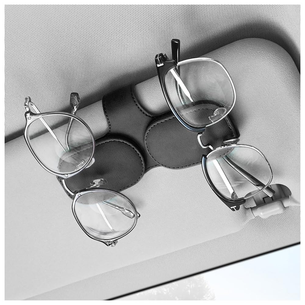 Stacool Sunglass Holder for Car,Magnetic PU Leather Car Sunglass Holder for Car Sun Visor,Double Position Visor Sunglasses Holder Clip Car Organizer Car Accessories Interior (Black)