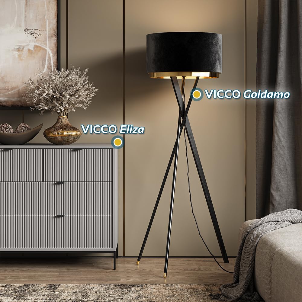 Vicco Stehlampe Goldamo Schwarz | mit E27-Fassung für verschiedene Leuchtmittel geeignet