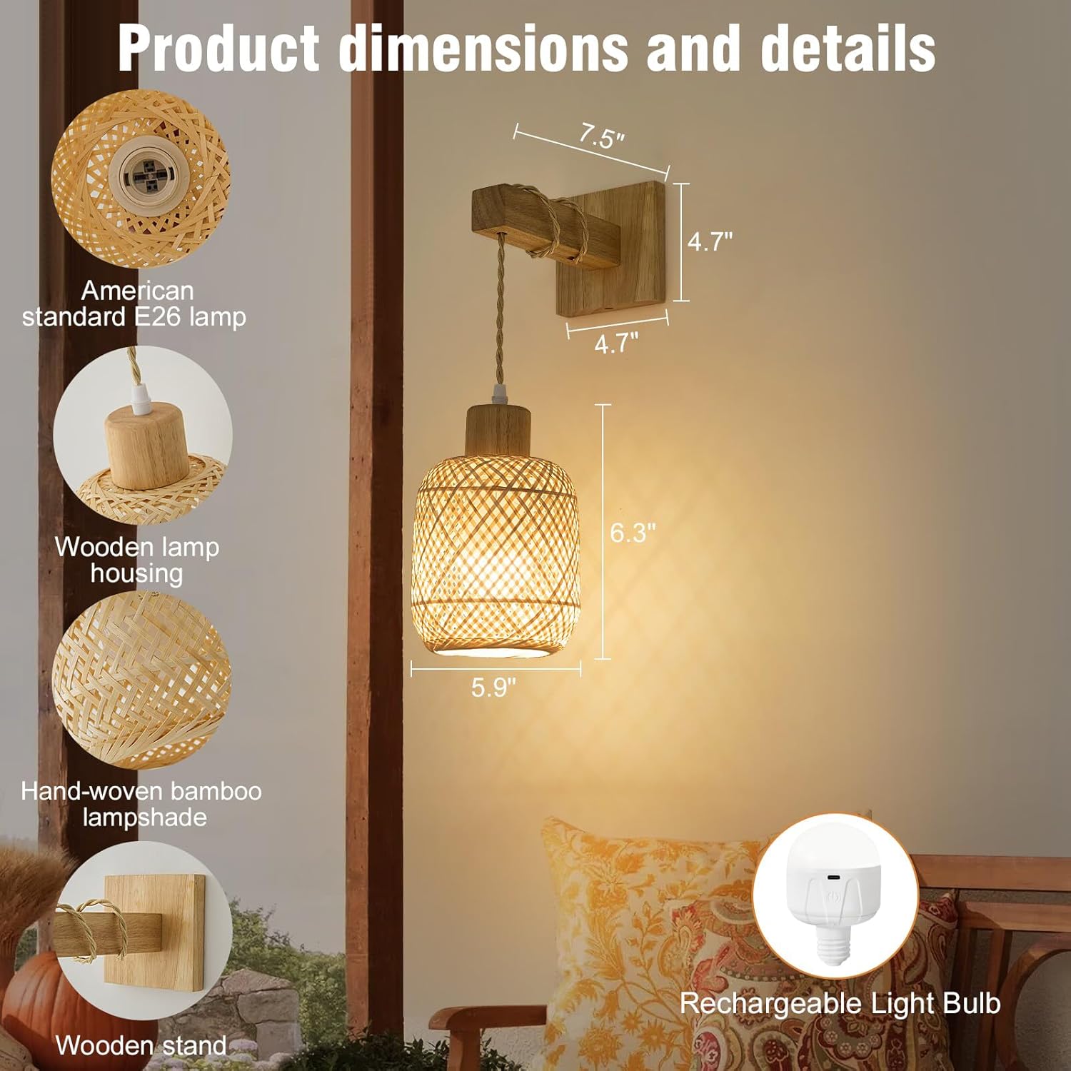 Boho Battery Operated Wall Sconce with Remote, Bamboo Lantern Wall Sconces Set of Two, 15 Colors Dimmable Rechargeable Wireless Wall Lights for Bedroom, Living Room Wall Decor