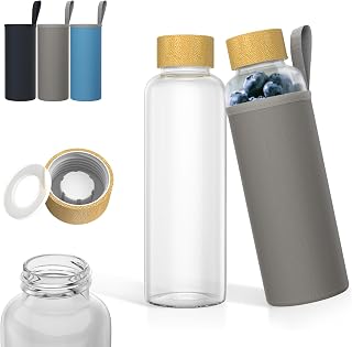 ACXIN Glas Trinkflasche 550ml Borosilikatglas Wasserflasche mit Holzdeckel & grauer Schutzhülle spülmaschinenfest, hitzebeständig & auslaufsicher für heiße & kalte Getränke, Büro & Sport