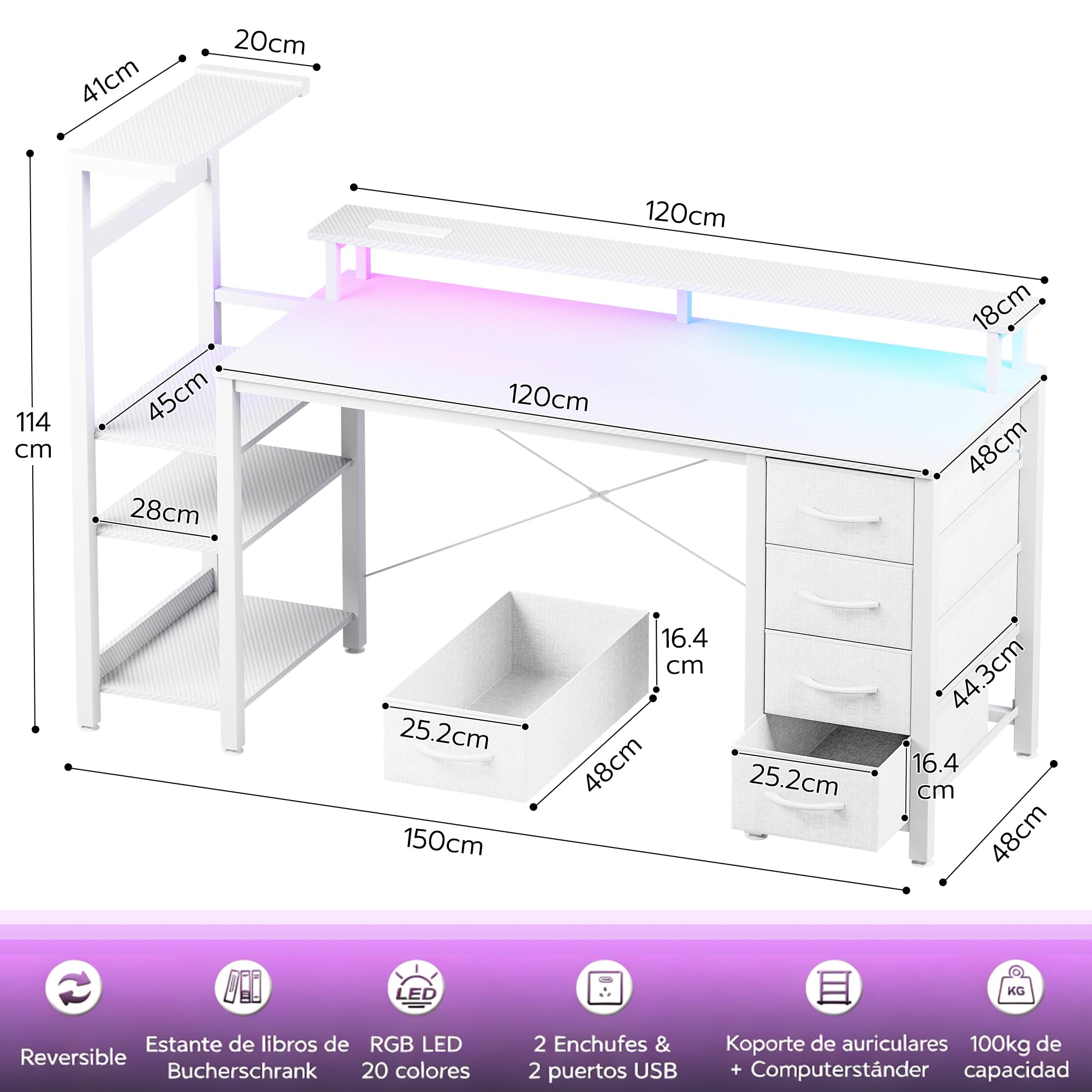 APICIZON Mesa Gaming 150 x 50 cm con Estantería - Escritorio de Ordenador Reversible con Luces LED RGB, 2 Puertos USB, Soporte para Auriculares y Bebidas, Textura de Fibra de Carbono Blanco