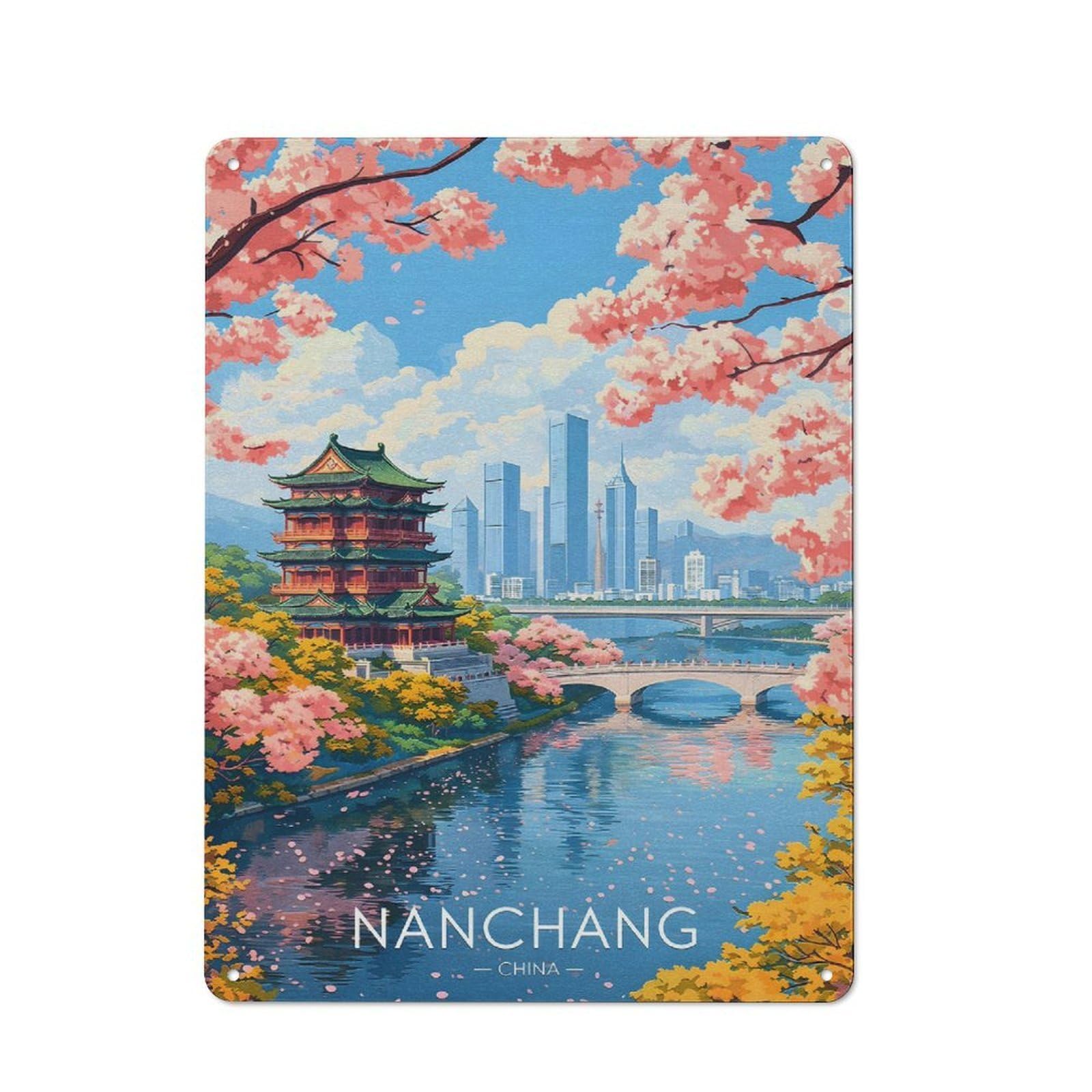 Cottage Style Nanchang Cityscape with Cherry Blossoms Decorative Tin Sign 40x30cm, Rustic Kitchen Decor for Kitchen, Cottage, Porch Or Garden Room