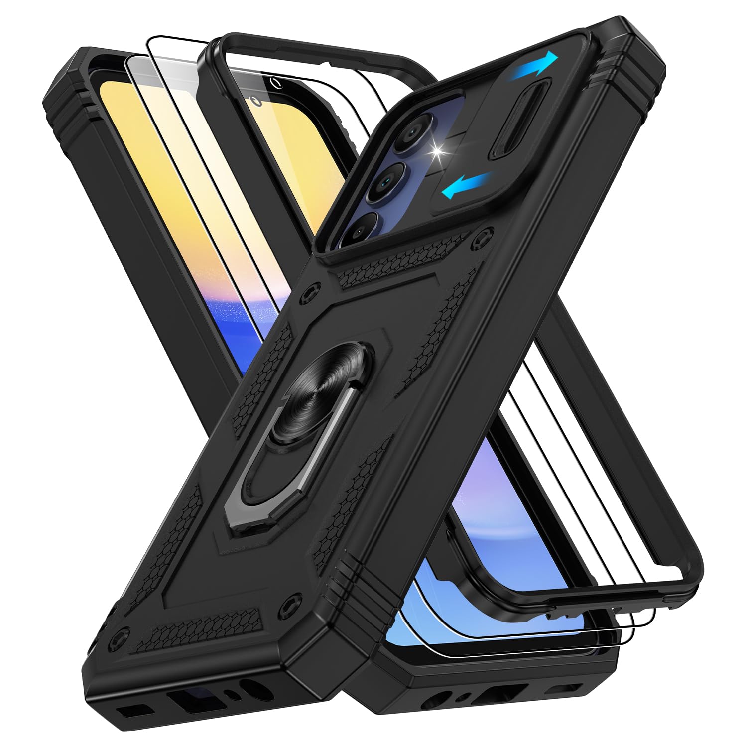 Gritup for Samsung Galaxy A15 5G Case with 2PCS Screen Protector, Build in 360° Rotating Ring Kickstand, Military Grade Protective Case for Samsung
