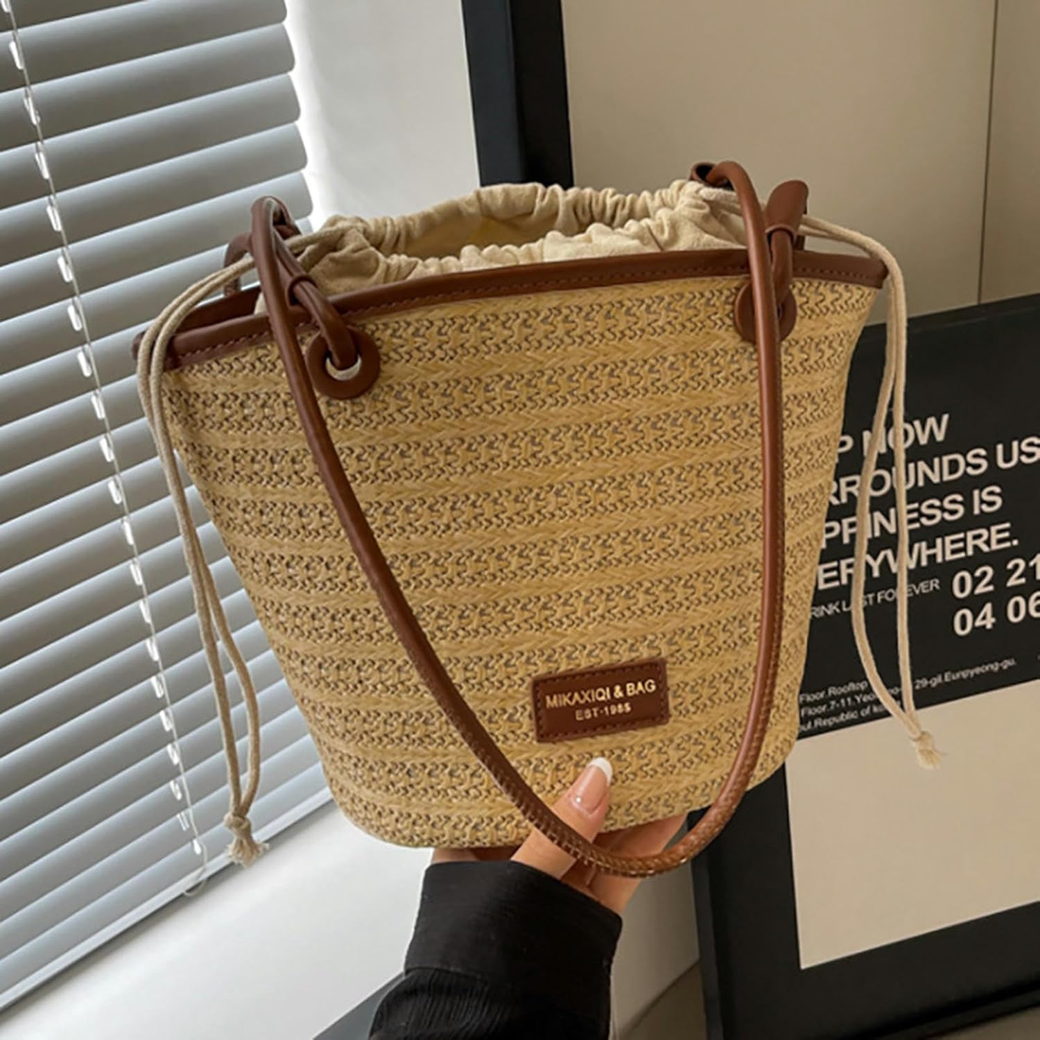 Strohtasche, große handgefertigte Stroh-Geldbörsen für Damen, Stroh-Hobo-Tasche, gewebte Umhängetasche, große Tragetaschen, Sommer-Reise-Strand-Handtasche, Schwarz, Braun, A