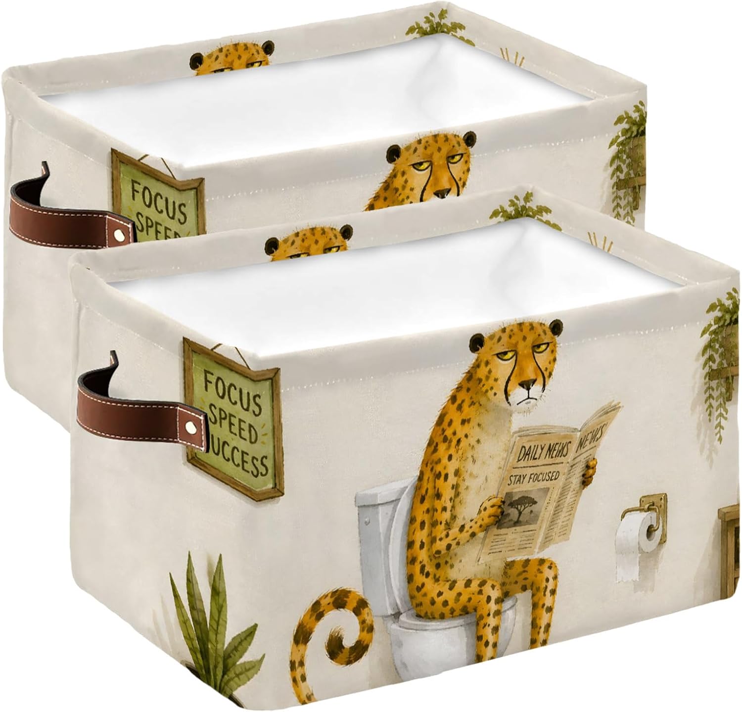 Storage Basket for Shelves 2 Pack Leopard on The Toilet Storage Bins with Handle Cube Closet Organizer Funny Animal Daily News Newspaper Laundry Baskets for Shelf Organizing Clothes Toy Bedroom