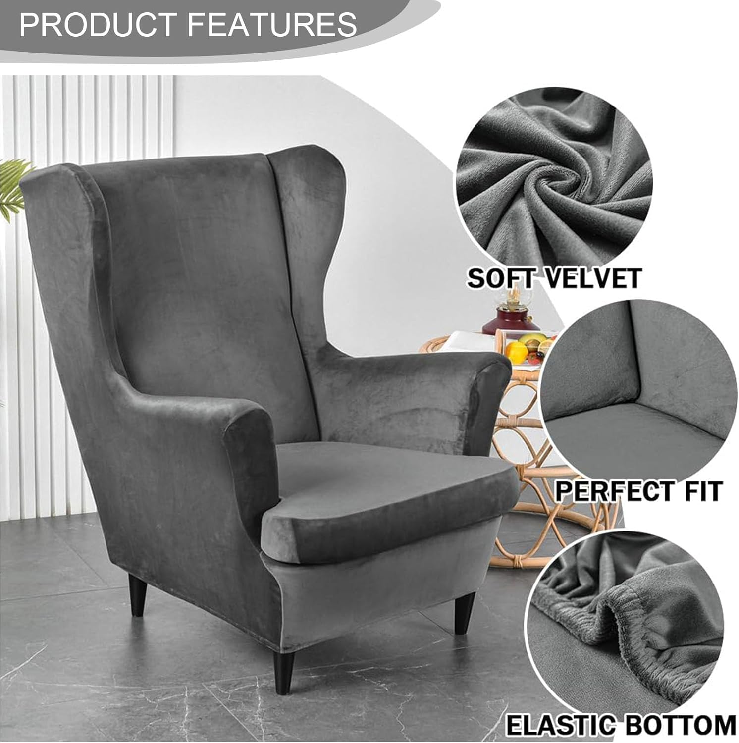 Wing Chair Slipcover 2 Piece Set Stretch Wingback Chair Cover with Cushion Cover Washable Armchair Furniture Protector for Living Room Bedroom