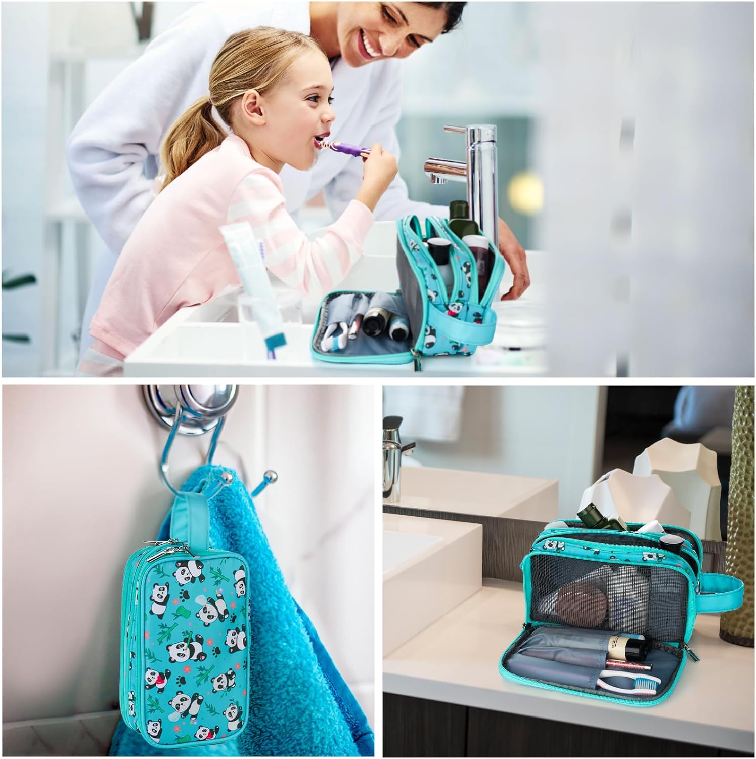 Kids Toiletry Bag for Girls, Travel Toiletry Bag for Little Young Girls Cosmetic Bag Makeup Bag Waterproof Hanging Wash Bag Toddler Toiletries, Panda Green Teal - Image 6