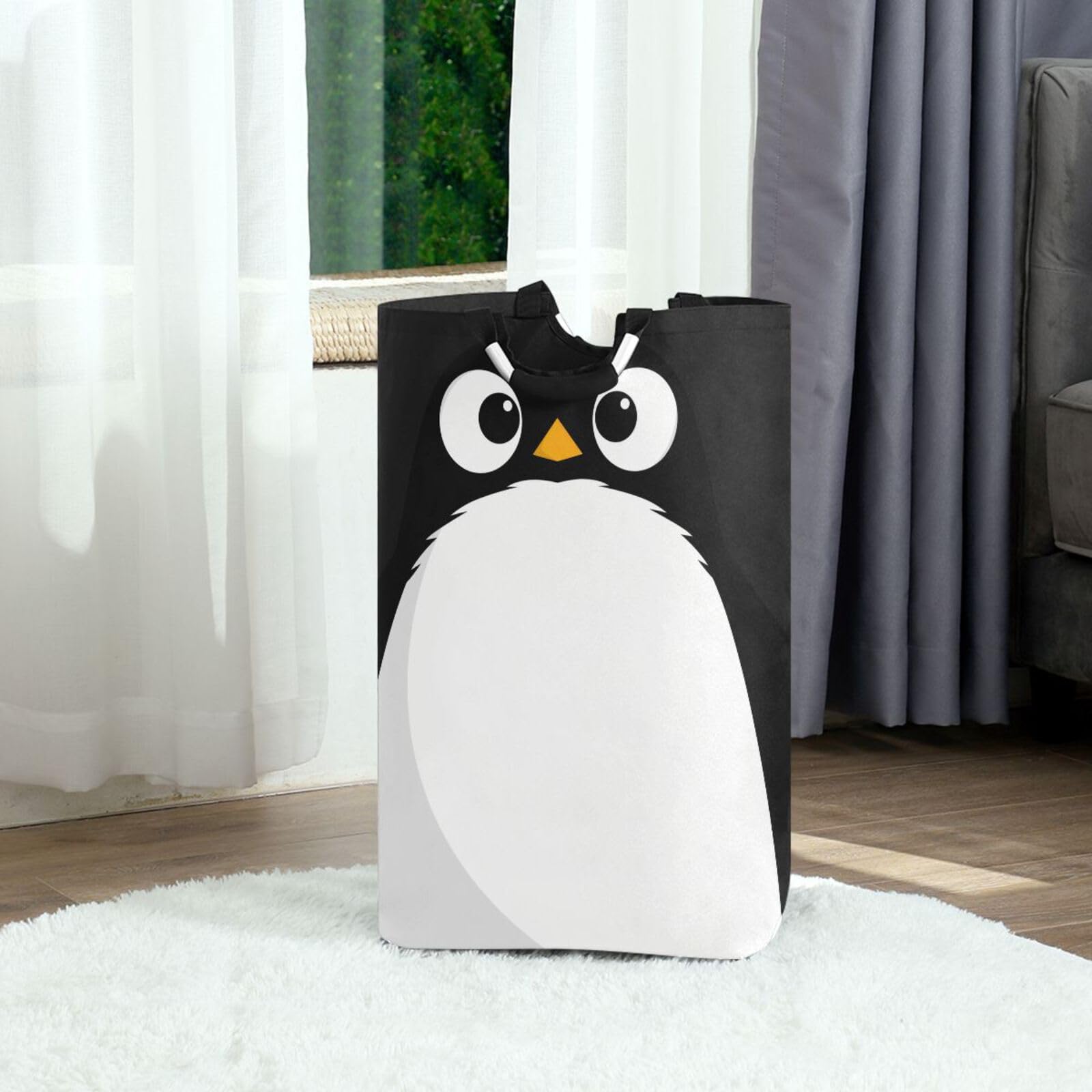 Jihqo Laundry Hamper Basket Penguin Face Collapsible Nursery Storage Bin Waterproof Clothing Baskets for Home Bedroom Bathroom Washing Room