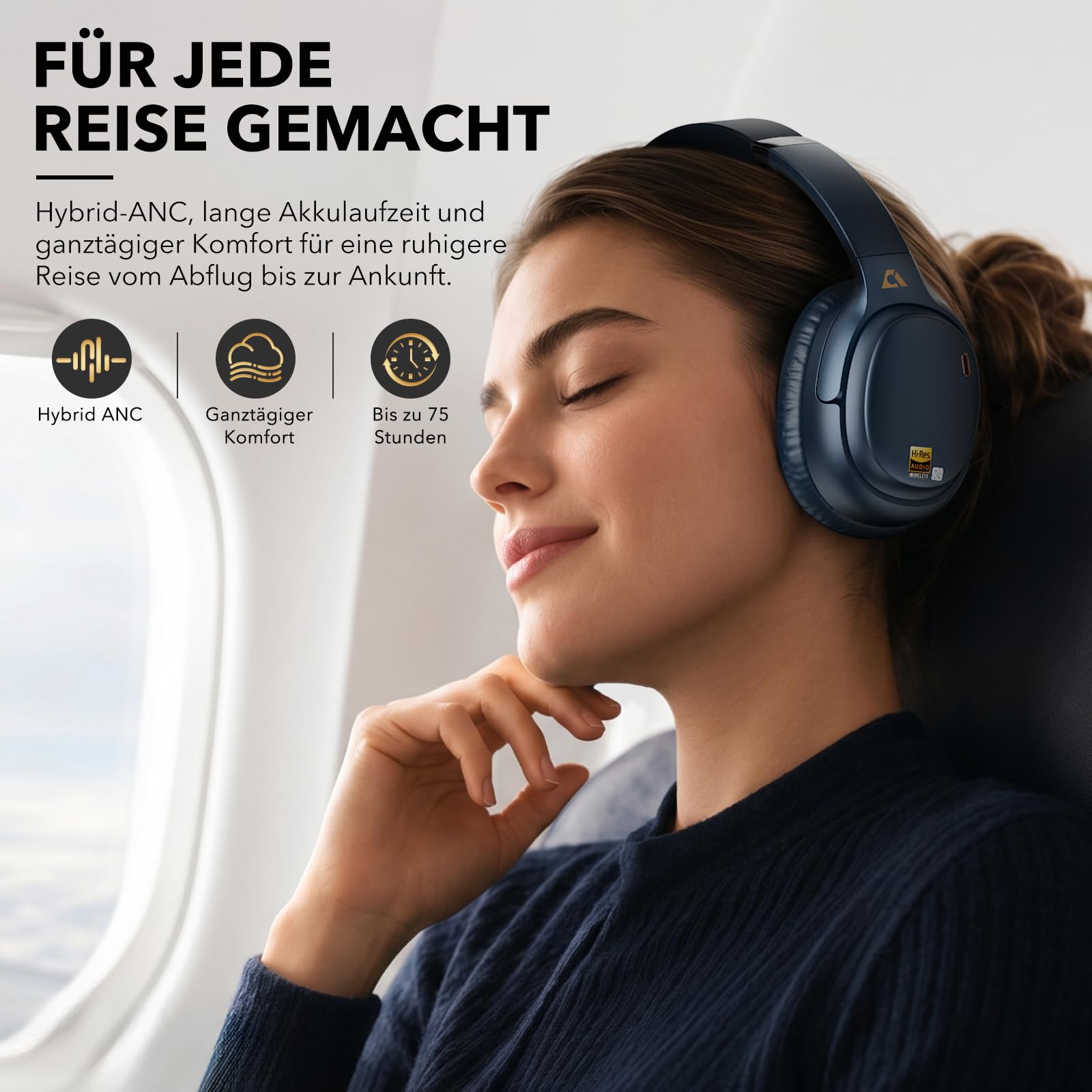 1Mii E700 Kabellose Bluetooth Noise-Cancelling-Over-Ear-Kopfhörer, Indigo | Hybrid ANC, Hi-Res Audio LDAC, Bequem für Pendler & Vielreisende, aptX Low Latency für TV, Büro, Home office & Flugzeug