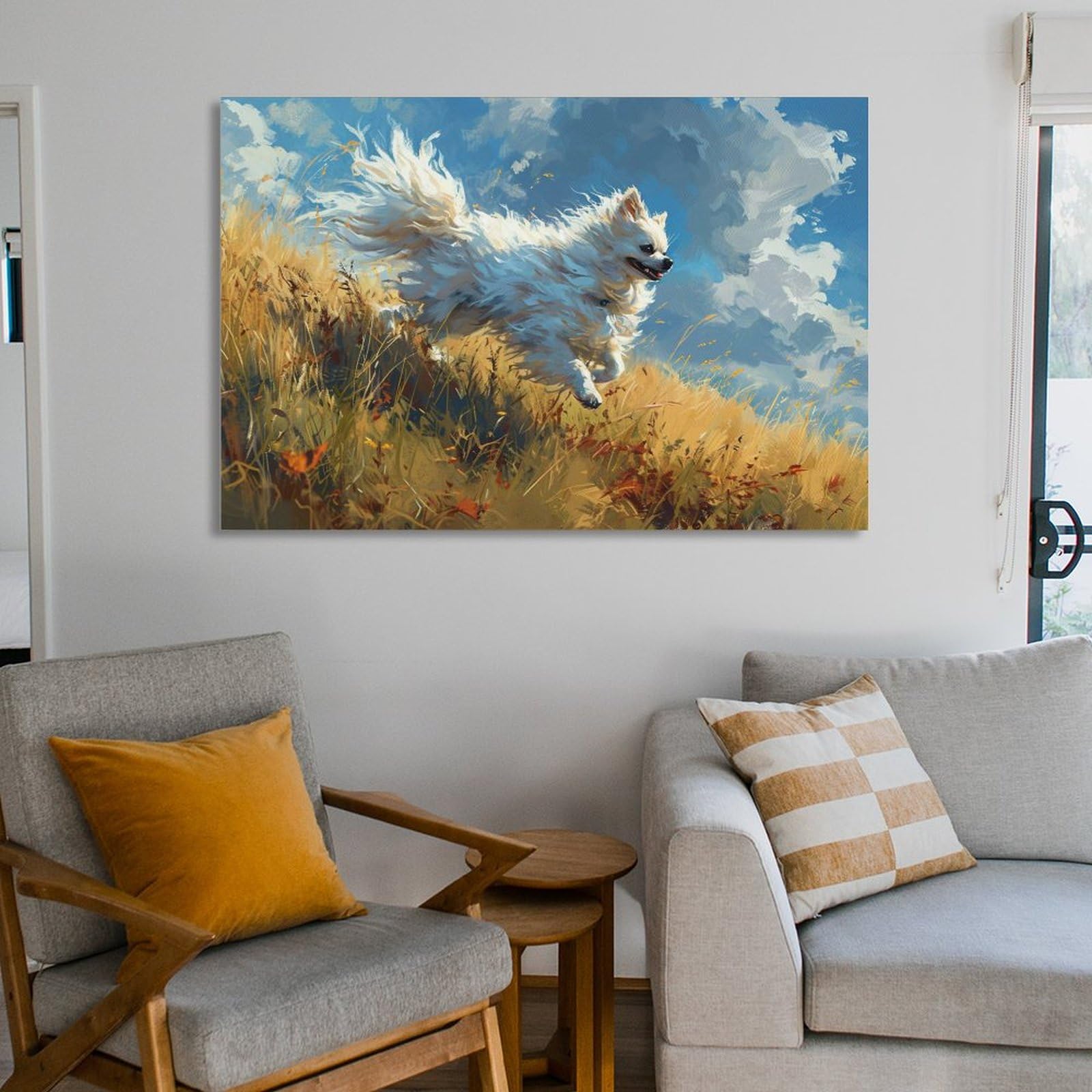 Amazon.co.jp: 絵画 草の中を走るポメラニアンインテリア 絵画
