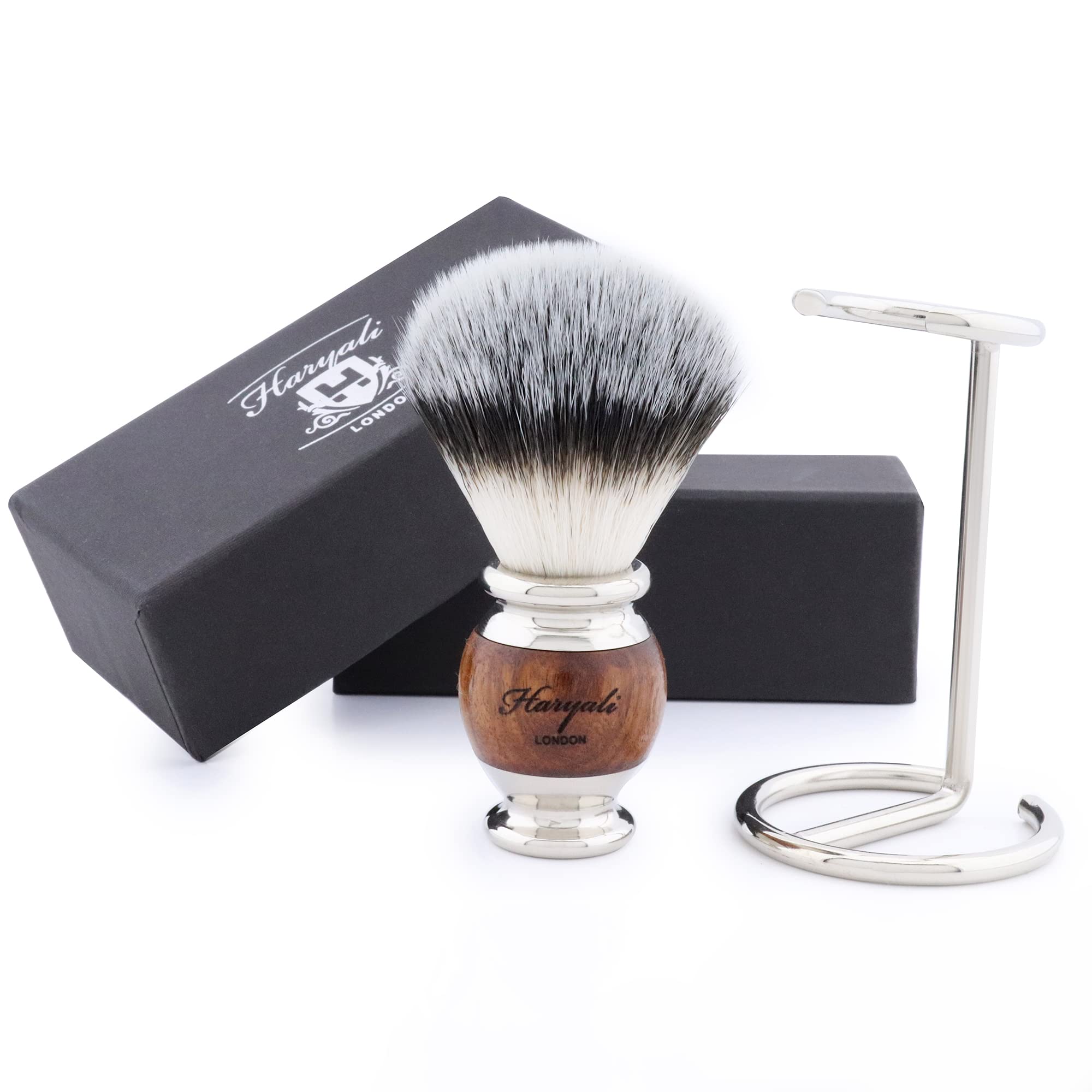 Haryali London Set di pennelli da barba sostenibili, pennelli da barba in legno e acciaio inox, pennello da barba sintetico, supporto per rasoio in acciaio inox, supporto per pennello da barba