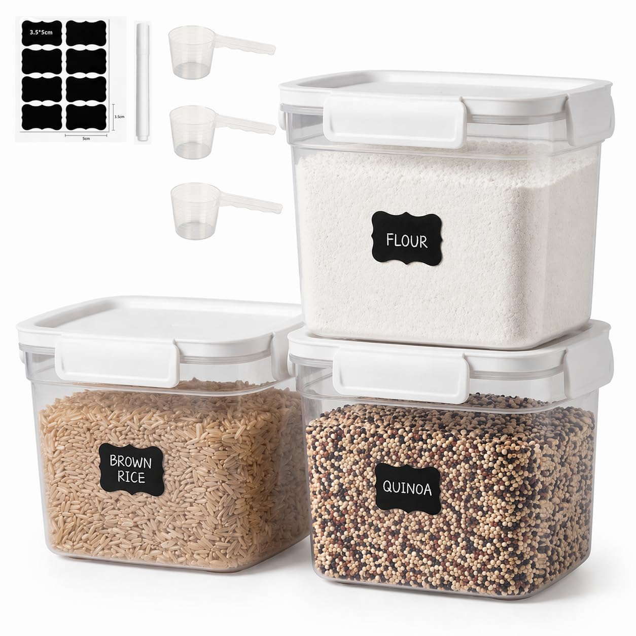 Raoletin 1.65L Flour Storage Containers Set of 3, Plastic Flour Container for Kitchen Pantry, Stackable Food Storage Containers with Airtight Clip Lock Lids for Dry Food, Rice and Cereal