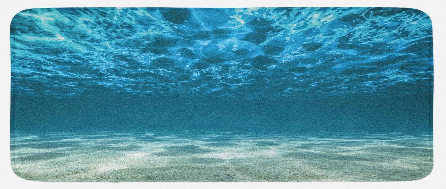 LunarableOcean Kitchen Mat, Gravelly Bottom Wavy Surface Tropical Seascape Abyss Underwater Sunny Day Image, Plush Decorative Kitchen Mat with Non Slip Backing, 47" X 19", Ivory Blue
