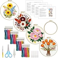 Zhenqing 4-Piece Stamped Cross Stitch Kit for Beginners - Pre-Printed 11CT Floral Fabric, Hoop, Threads & Tools (Sunflower, Peony, Tulip)