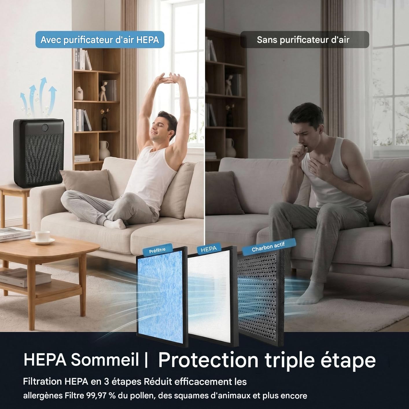Slevoo Purificateur D'air Pour Grande Pièce À La Maison, Filtre HEPA Véritable H13 Et 3 Préfiltres Pour Chambre, Bureau, Salon, Couvre Jusqu'à 1991,3 Pi², CADR 326 M³/h, Noir Foncé
