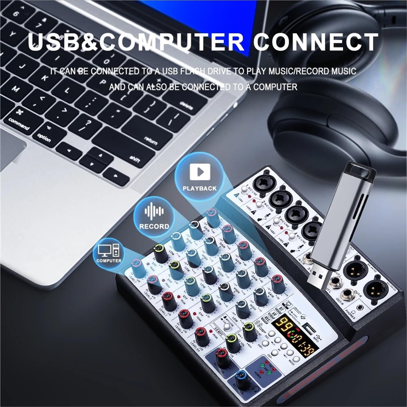 Kontroler DJ-ski, Profesjonalny 4-kanałowy Mikser 99DSP, Konsola Miksująca Do Nagrywania BT Z Interfejsem USB, Karta Dźwiękowa 48 V, PC, Nagrywanie MP3 DJ