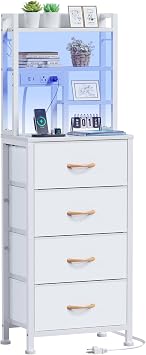 Furnulem Tall Night Stand, 52.1" LED White Nightstand with Charging Station | LED Lights & USB Ports & type-C, 4 PVC Fabric Drawers and 4-Tier Storage Shelf, Bedside Table for Bedroom, Dorm