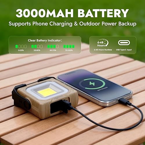 Miniatura 7 de WARSUN Luz de trabajo recargable de 1000 lúmenes, linterna LED portátil para campamento con soporte de trípode, carga tipo C, base magnética, gancho