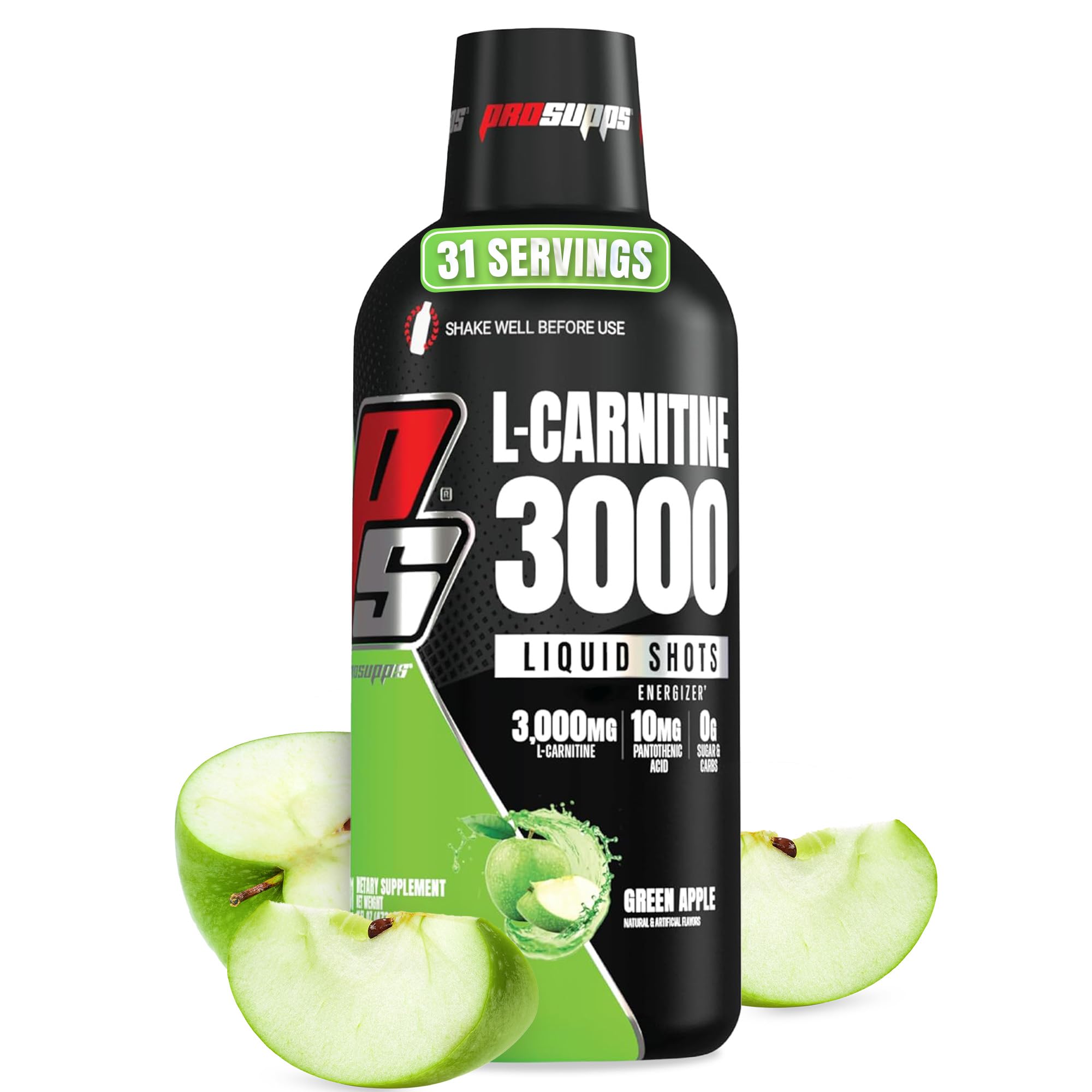 PROSUPPS L-Carnitina Líquida 3000, Shots Líquidos Sin Estimulantes para Hombres y Mujeres - Bebida Limpia para Entrenar, Energía, Rendimiento y Recuperación Muscular - Sin Azúcar ni Carbohidratos - 31 Porciones, Manzana Verde