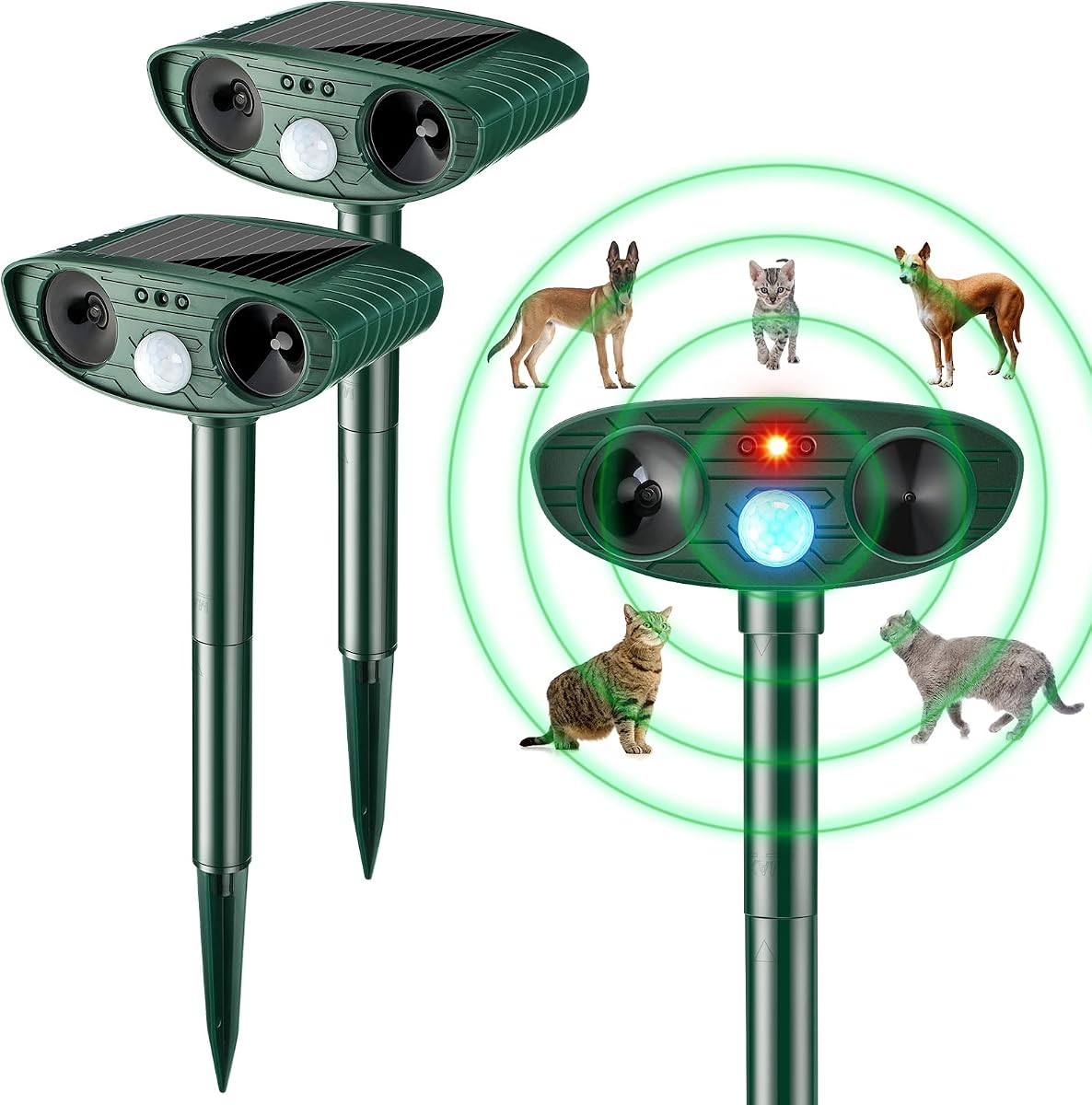 2 Pcs Ultrasonic Animal Repellent Outdoor Solar Powered, Green | Repeller Cat Dog Deer Deterrent, Waterproof Motion Sensor, Ultrasonic Waves, for Yard Garden Lawn Rabbit Squirrels Fox Pest