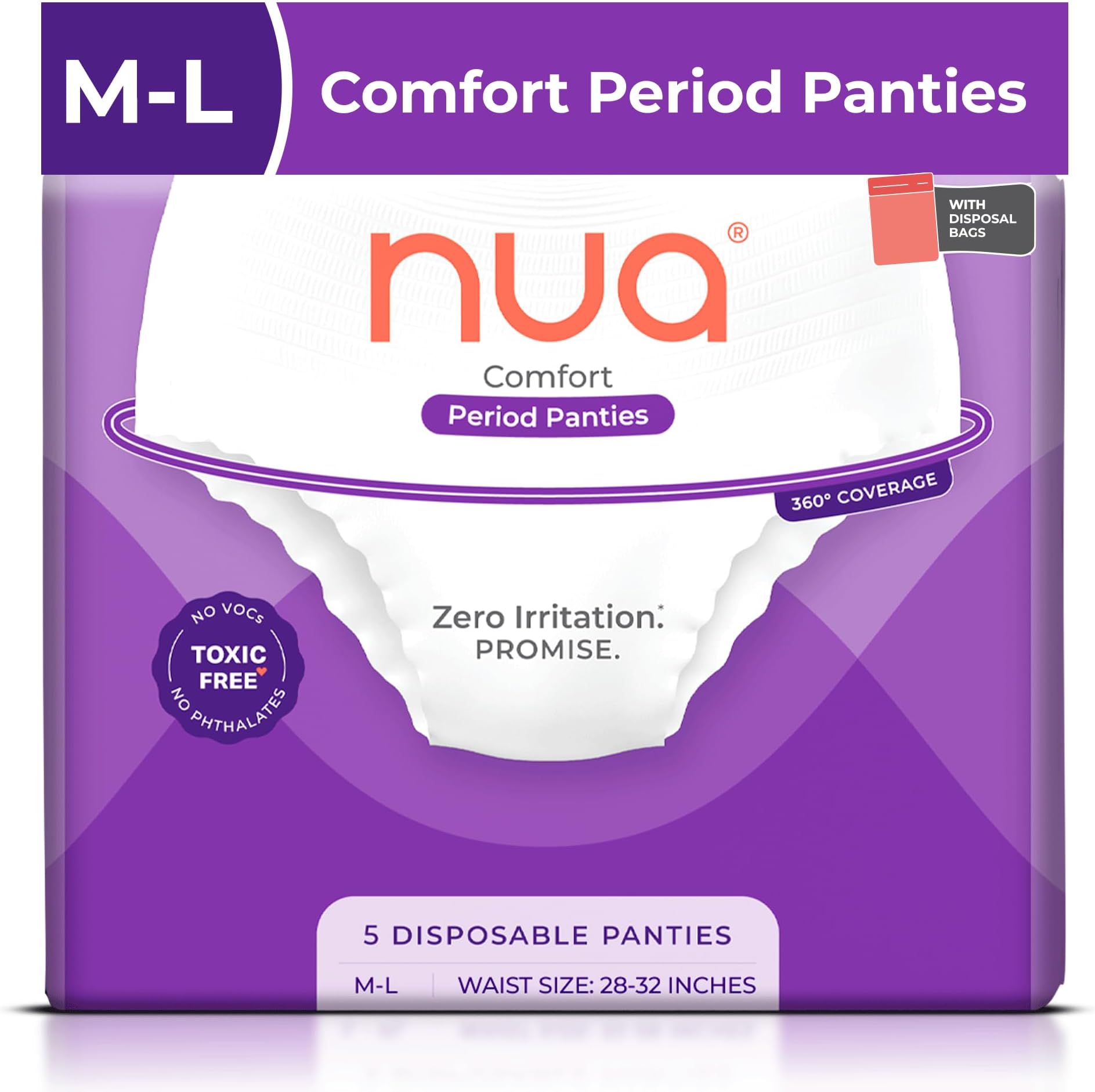 Nua 360° Comfort Period Panties (M-L) | Pack of 5 | Ultra-Absorbent | Zero Irritation | 4X Comfort | for Heavy Flow | No rashes | Leakproof | Seamless | 100% Toxic-Free, Dermatologically Tested