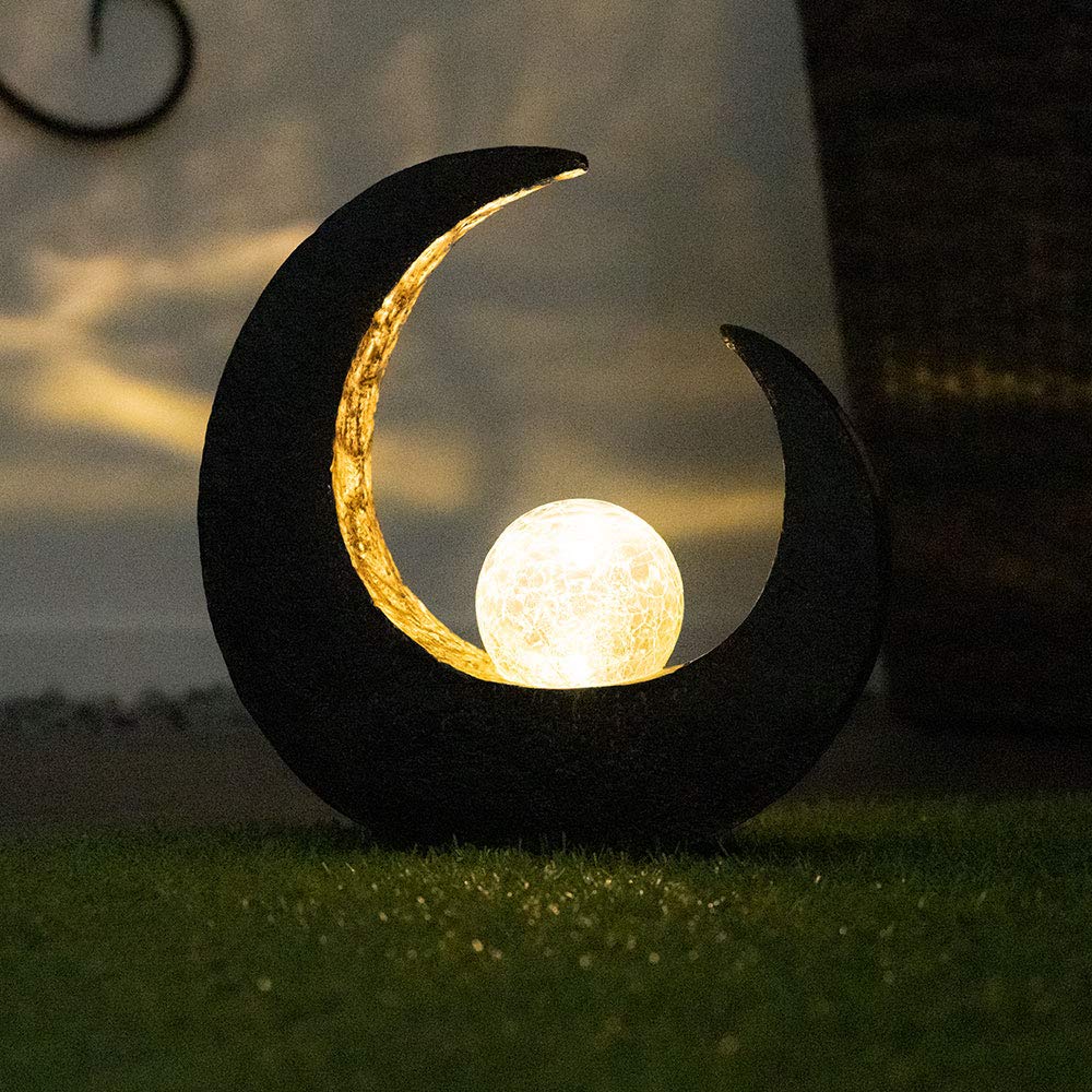 GLOBO LED Solarleuchte Flamme Außenleuchte Garten Solarlampe Mond Gartenlampe, IP44 Akku, Crackle Glaskugel schwarz, 2er Set