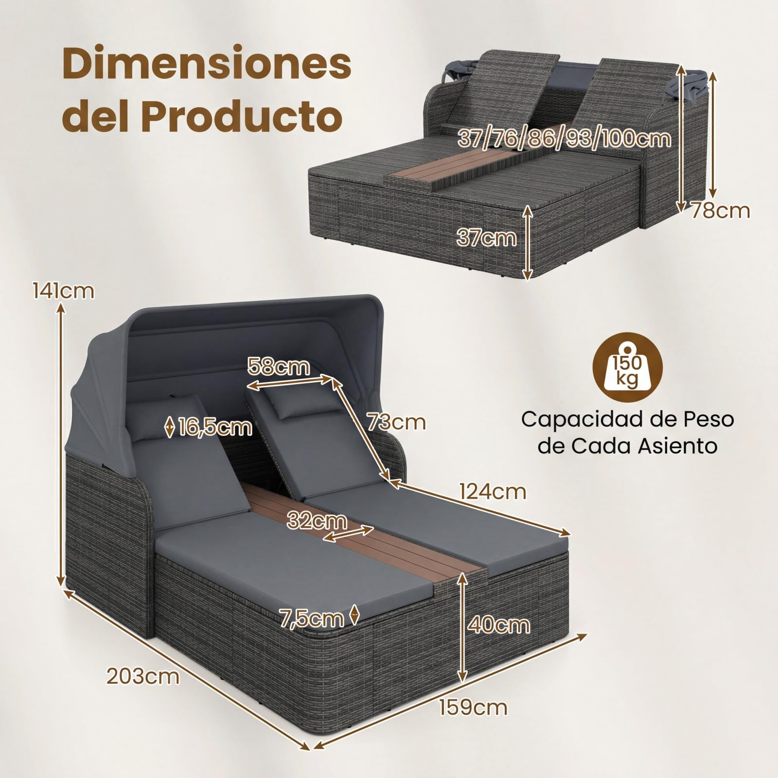 COSTWAY Tumbona Doble Jardin Exterior, Cama Balinesa de Ratán con Toldo Retráctil y Respaldos Ajustables, Tumbonas Piscina para 2 Personas con Mesa Central y Porta Vasos para Jardín Piscina (Gris)