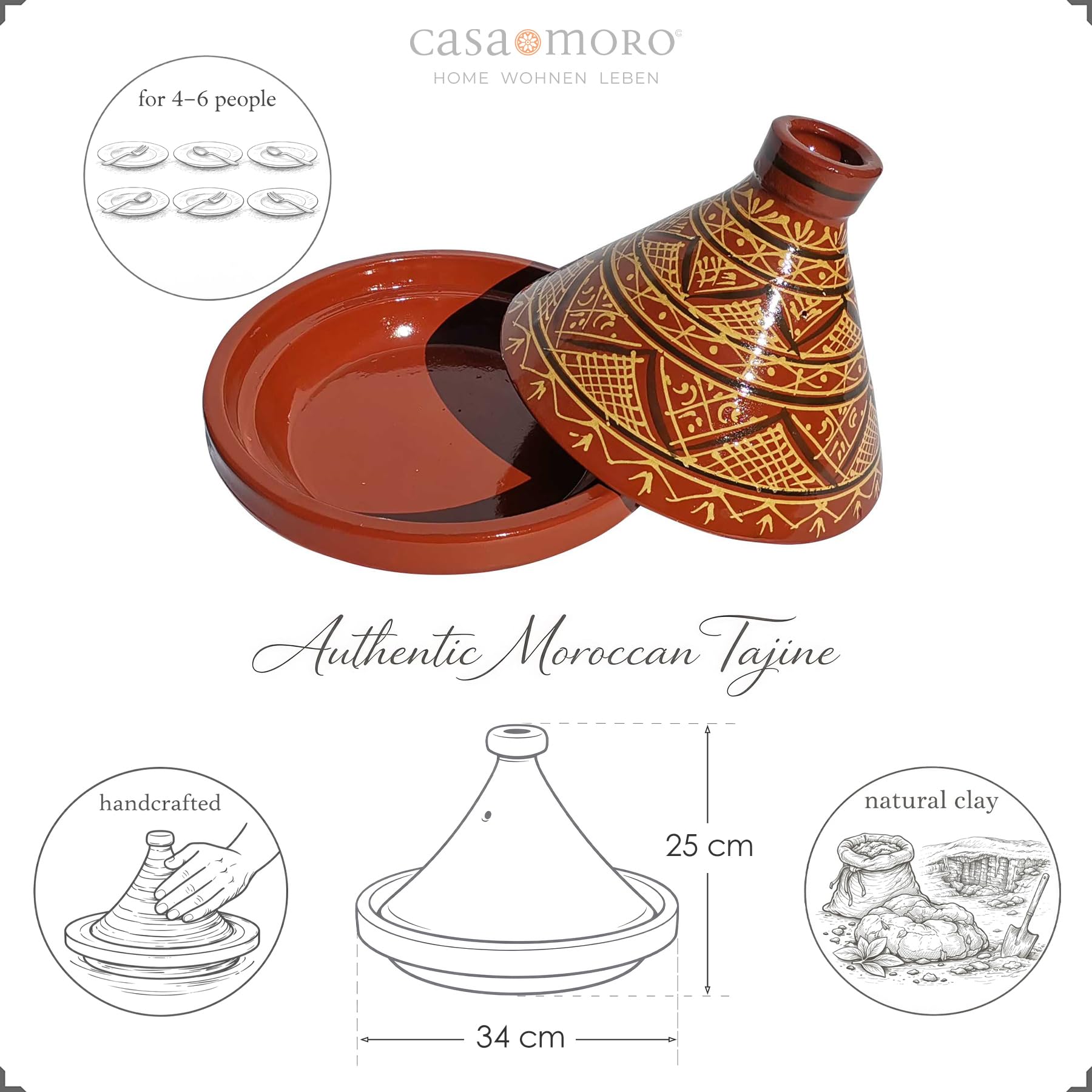 Tajine Agadir Ø 34 cm glasiert – Marokkanisch Kochen für 4-6 Personen | Premium Tagine | Ton Schmortopf Gartopf Tontopf aus Marrakesch