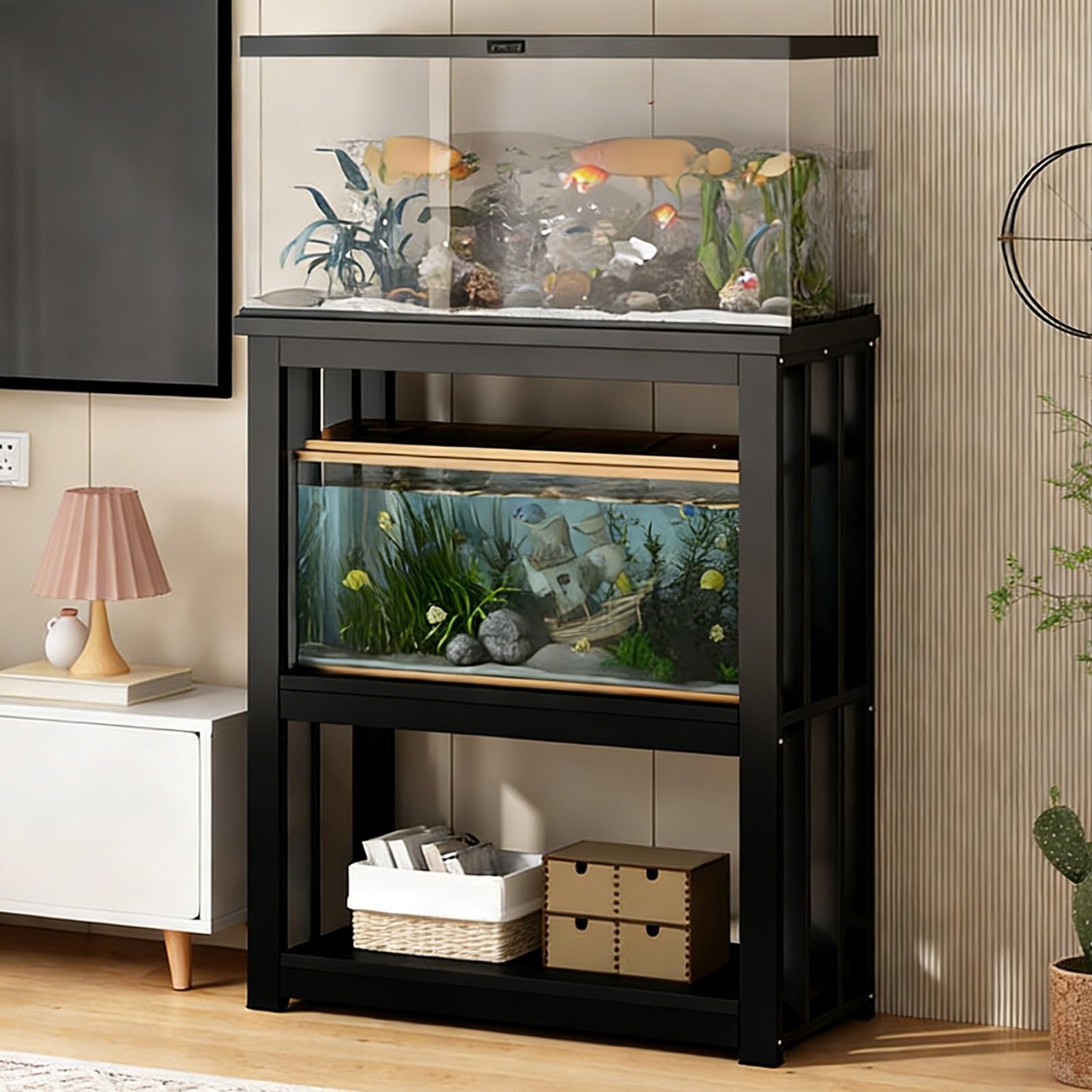 3-poziomowy stojak na akwarium, regulowana wysokość szafki akwarium, wielofunkcyjna otwarta półka Terrarium, stalowa rama, łatwy montaż (czarny, 100 x 40 x 100 cm)