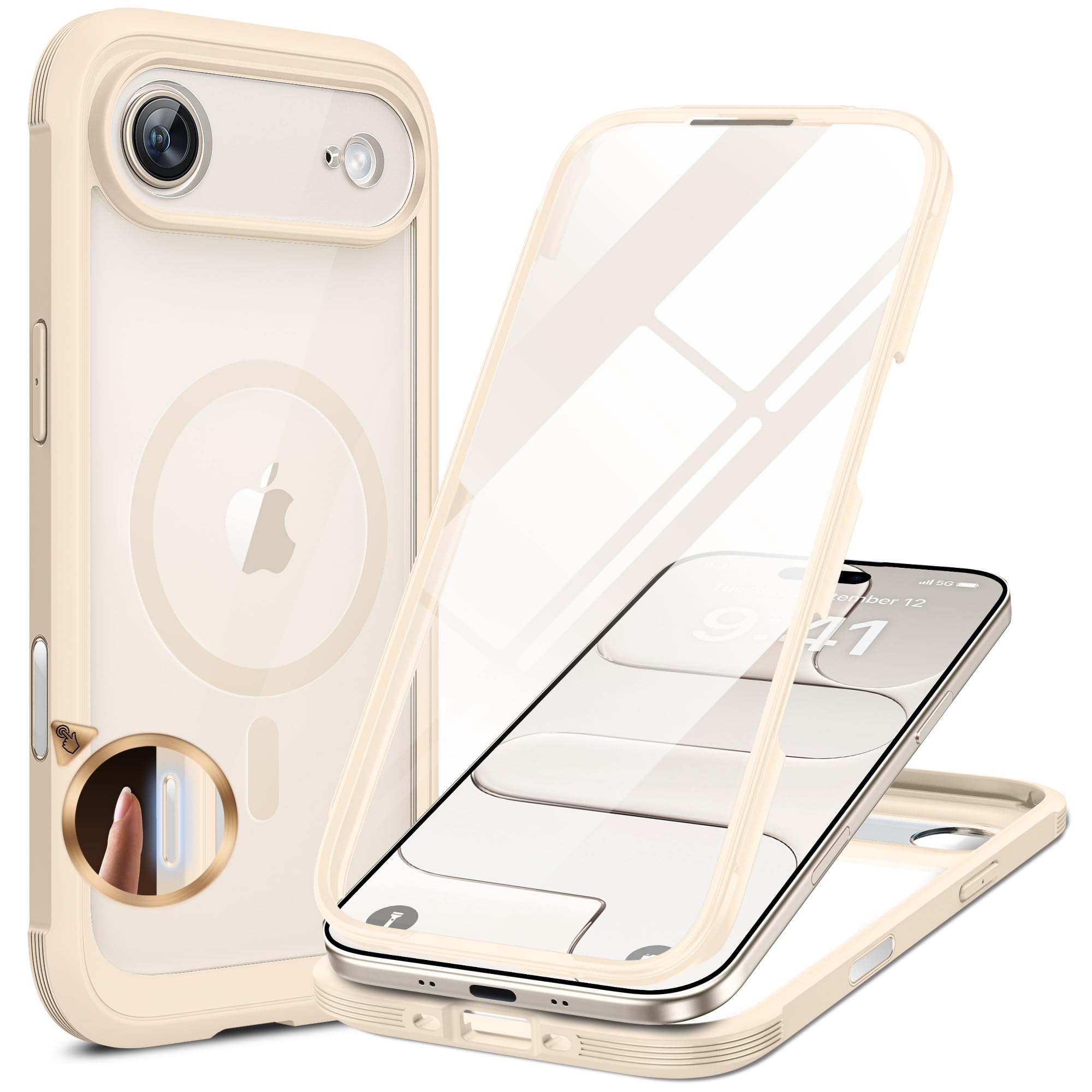 Miracase Magnetic for iPhone Air Case 6.5" [Compatible with MagSafe] Full-Body Phone Case with Built-in Glass Screen Protector &amp; Camera Control,Drop Proof iPhone 17 Air Case Cover, Gold