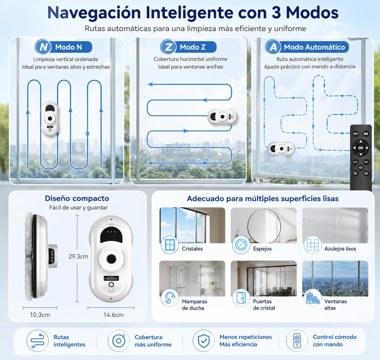 Genérico Robot Limpiacristales Eléctrico 5600Pa con Pulverización Automática, Limpiador de Ventanas con 3 Modos de Limpieza, Navegación Inteligente, Sistema de Seguridad, Mando y 10 Paños