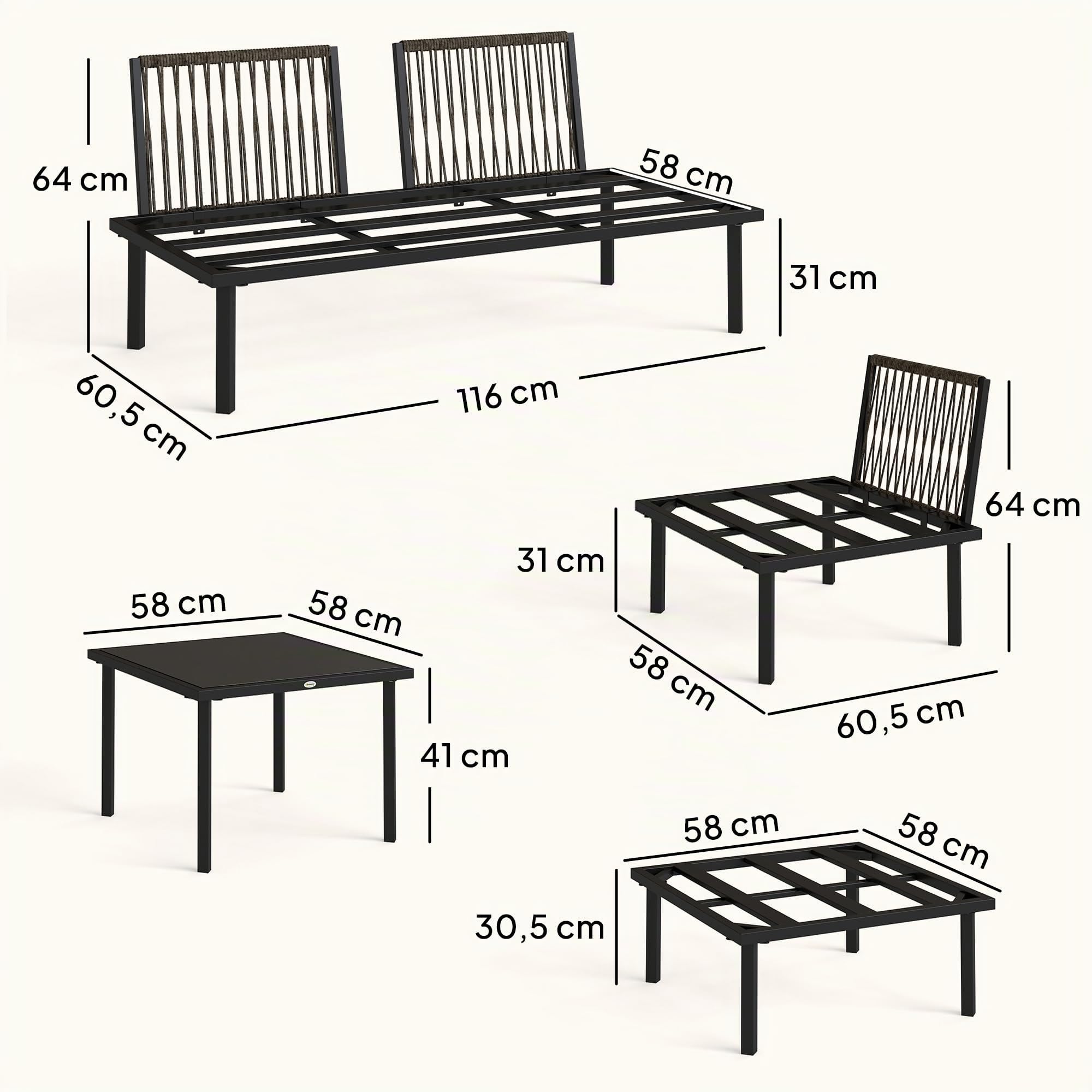 Outsunny Conjunto de Muebles Jardín Exterior 6 Piezas Sofá Gris Claro | Seccional Forma de L, Sofá de 2 Plazas, 2 Sillones, Reposapiés, Mesa con Tapa de Vidrio, Cojines, Módulo de Esquina