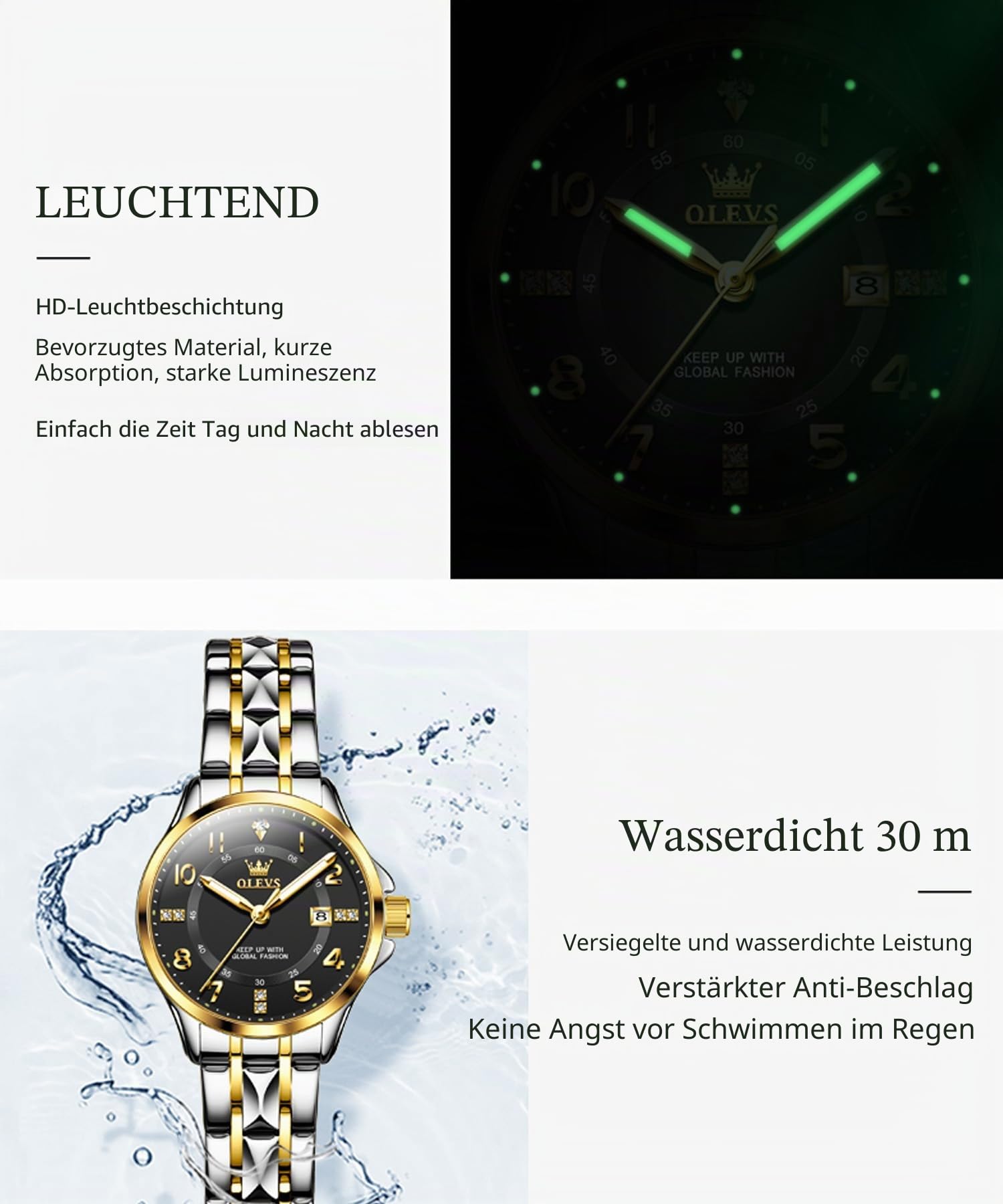 OLEVS Paar-Quarzuhr Edelstahl Paar-Hochzeit Romantisches Ausdruck Mann Tag Nacht Glühen Kalender Wasserdicht Lässige Herren- und Damenuhr