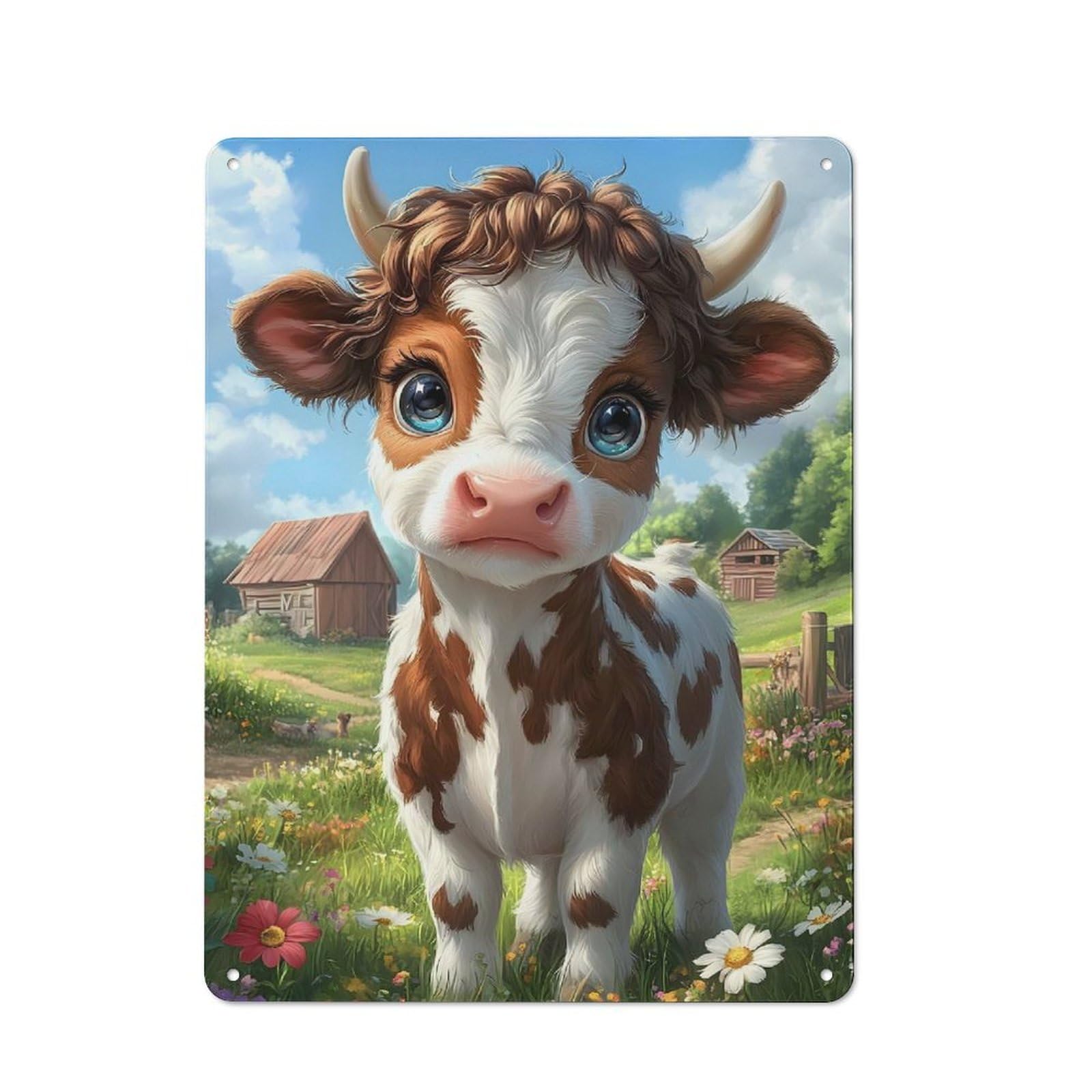 Tin Wall Plaque 40x30cm with Cute Cartoon Cow in Meadow for Living Room Or Hallway, A Decorative Christmas Gift for Home Wall Decor Collectors