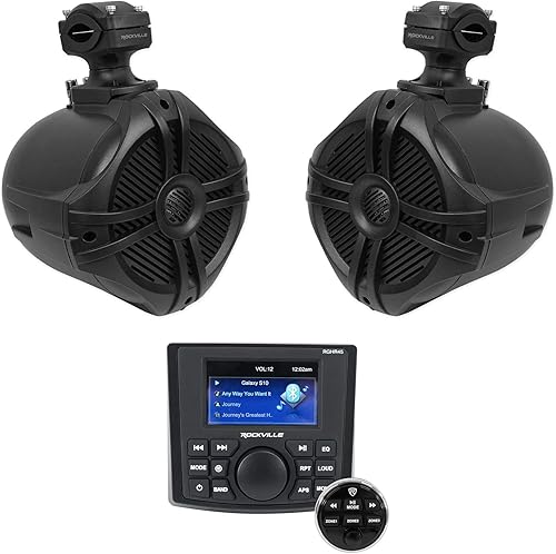 Rockville RGHR45 Receptor de agujero de calibre marino de 4 zonas, BluetoothRadioPaquete remoto con cable con (2) Rockville RWB70B Negro 6.5" 250w