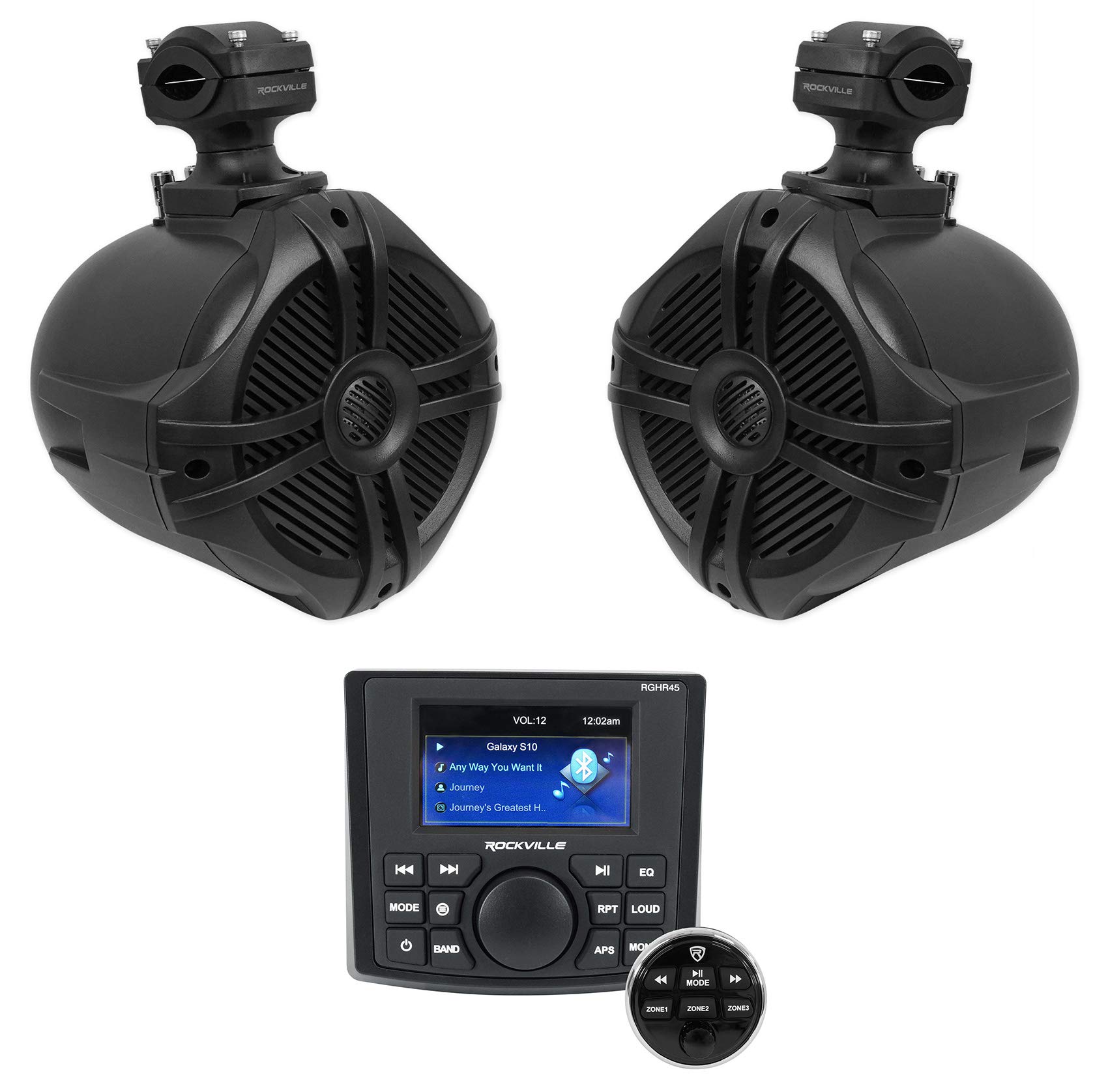 Rockville RGHR45 4 Zone Marine Gauge Hole Receiver Bluetooth/Radio/Wired Remote Bundle with (2) Rockville RWB70B Black 6.5