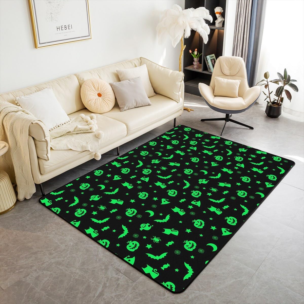 Halloween Theme Area Rug 3x5 Black Pumpkin Ghost Rug for Girls Boys Kids Adult Cartoon Cat Bat Spider Silhouette Carpet for Living Room Grey Non Slip Washable Decorative Rug