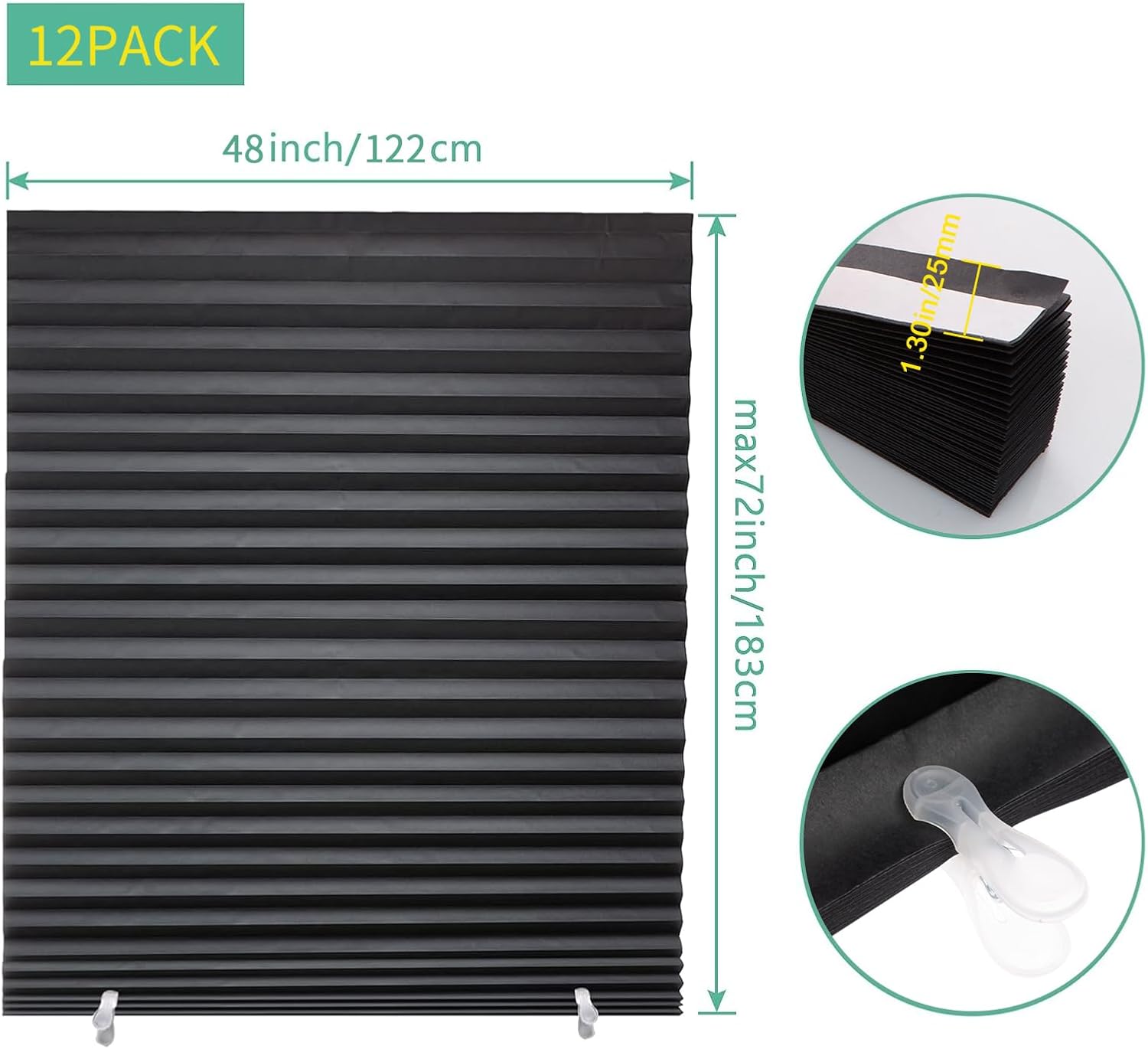 Changshade 12-Pack Pleated Paper Temporary Shades Light Filtering Cut to Size Temporary Paper Blinds for Indoor Windows of Office, Bedroom, Bathroom, Living Room, 48" W x 72" H, Black