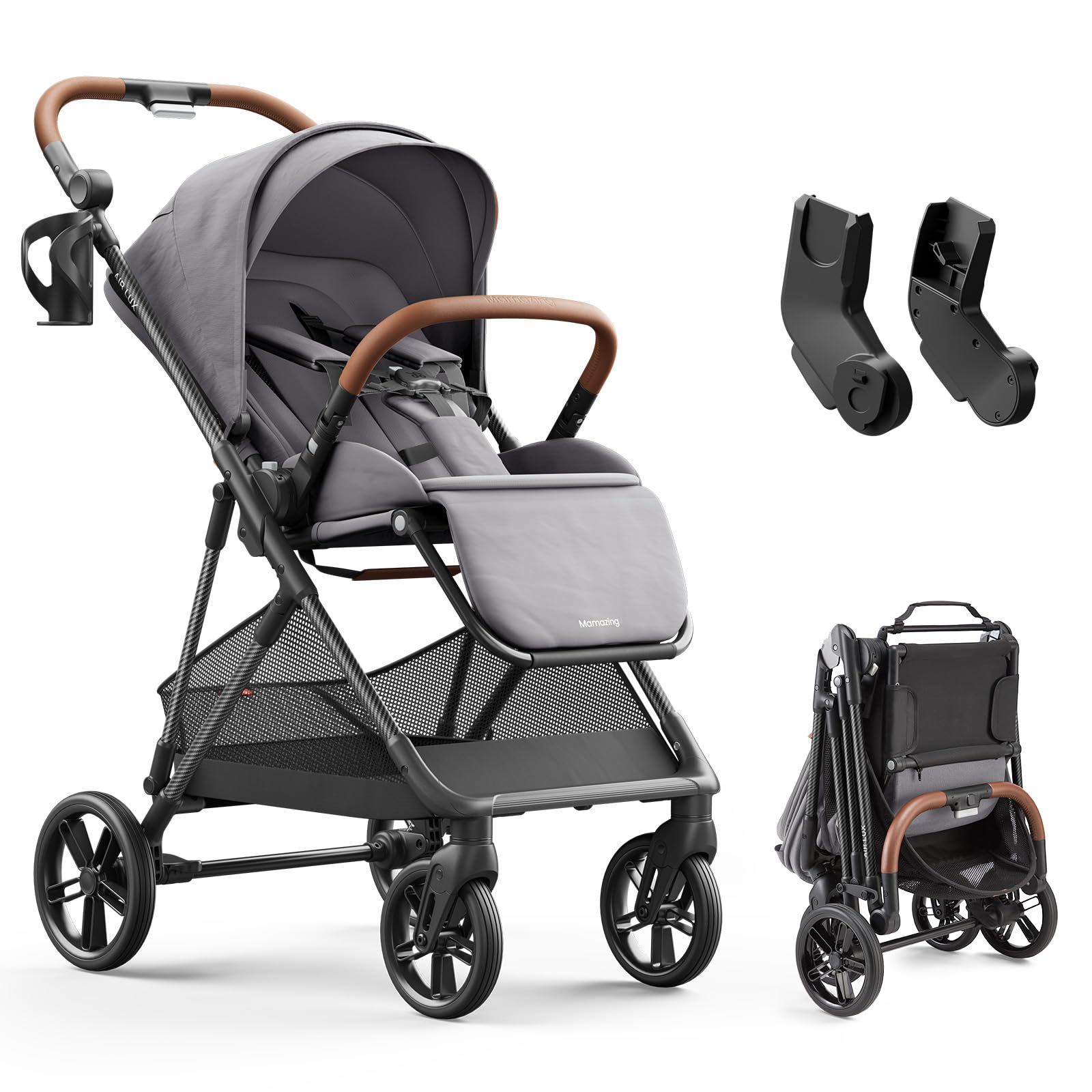 Cochecito de bebé MAMAZING Air Lux con marco de fibra de carbono, asiento reversible plegable con una mano, arnés magnético de 5 puntos, adaptador para asiento de auto, 15 8 libras, Cinder